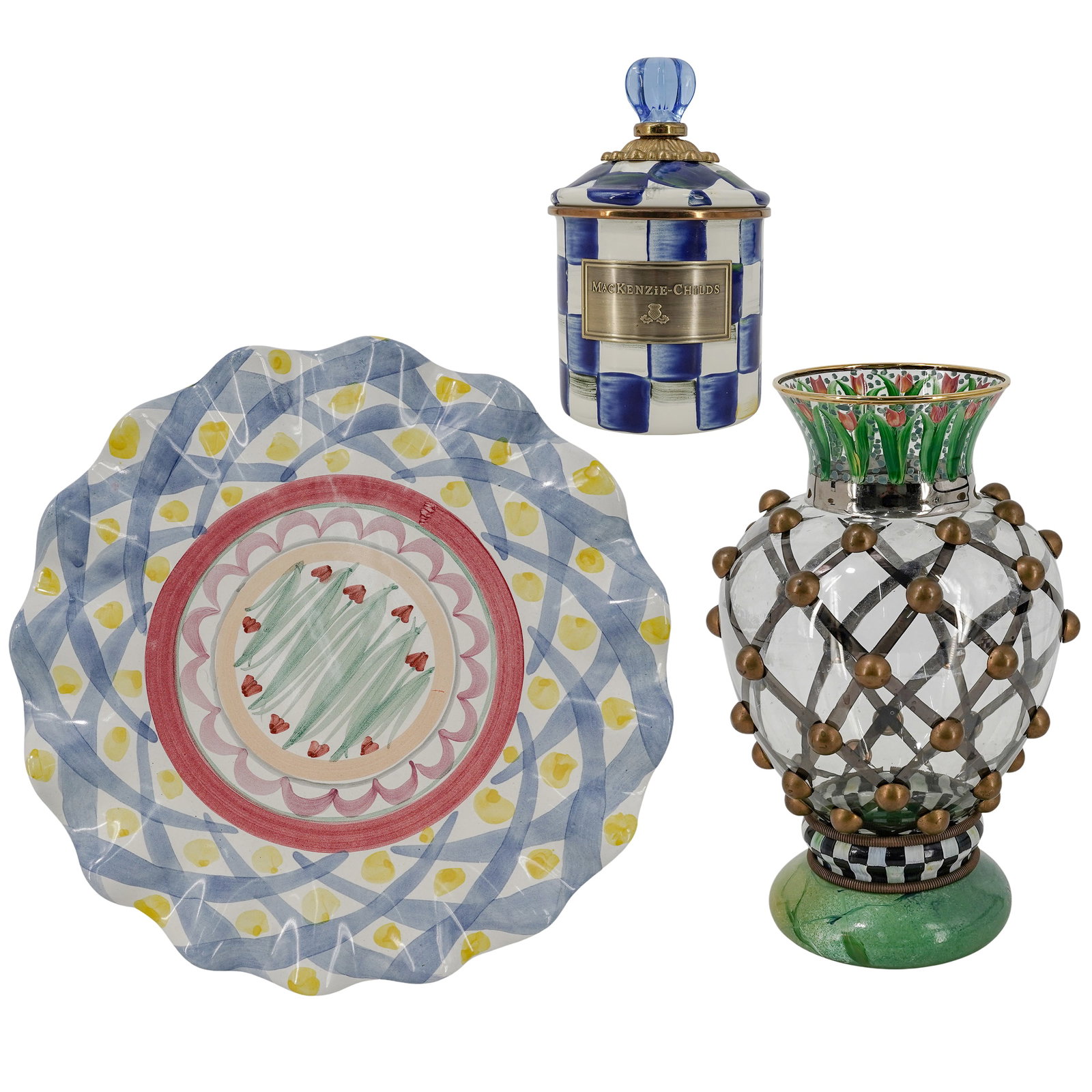 (3 pc) Mackenzie Childs Cake-Stand, Royal Check Canister & Circus Vase (1 of 15)