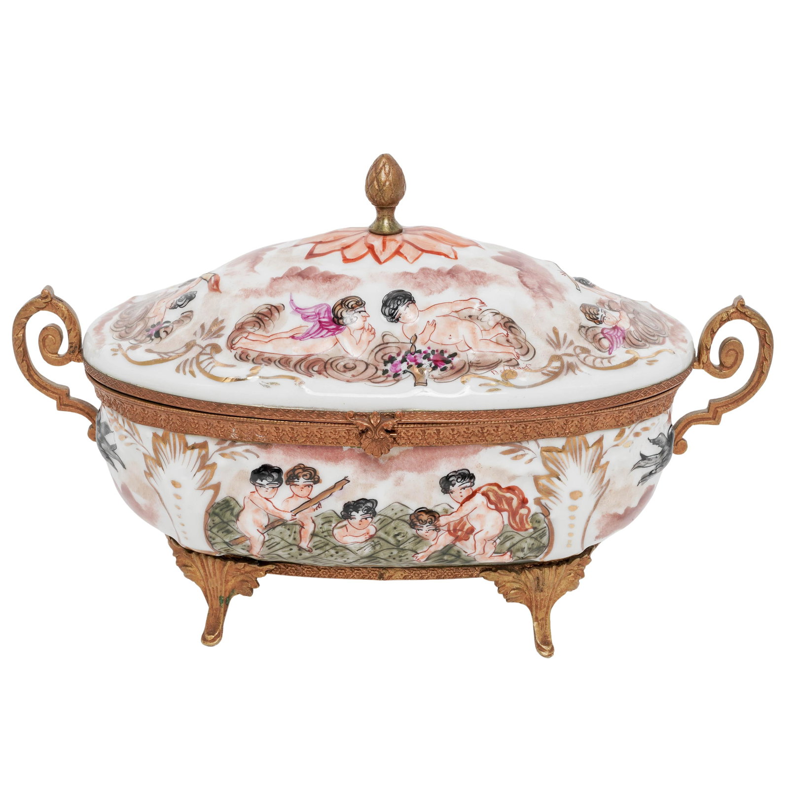 Ferdinand Bing & Co. Successors Porcelain Dresser Box: Ferdinand Bing & Co. Successors Porcelain Dresser Box Circa 1900-1931. French, American French porcelain oval dresser box mounted on a decorative brass framework, featuring a high-relief molded