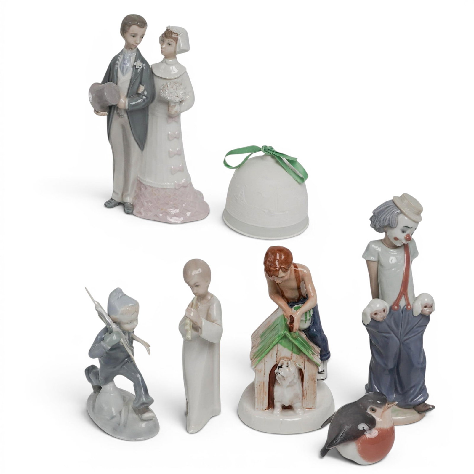 (7 pc) Assorted Porcelain Figurines (Lladro, Royal Doulton, Metzler, Royal Copenhagen): (7 pc) Assorted Porcelain Figurines (Lladro, Royal Doulton, Metzler, Royal Copenhagen) 20th Cent, European (1) Lladro Little Pals, Clown With Puppies (1) Lladro, 1992 Society Annual Summer Bell (1) Ll