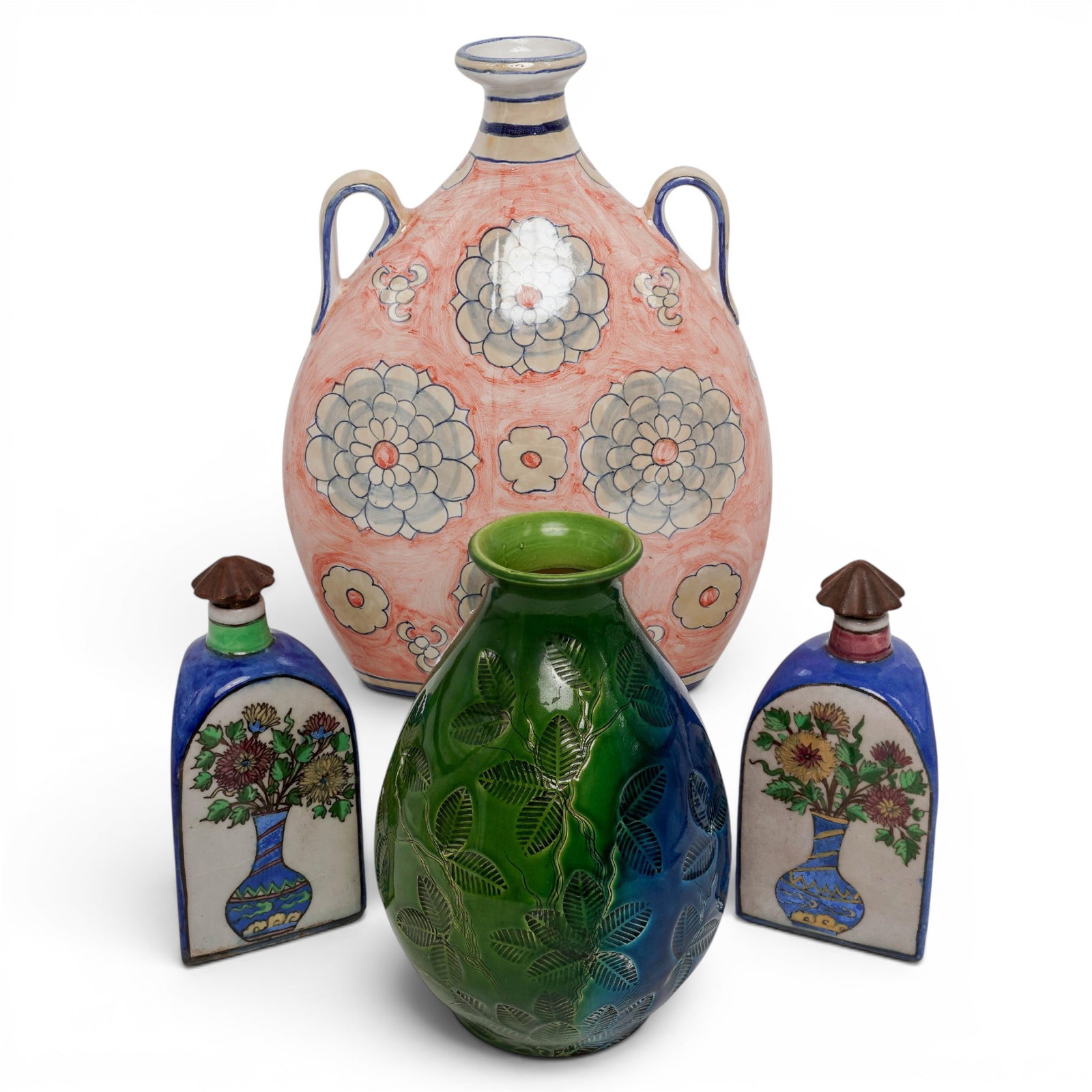 (4pc) Bitossi, Deruta, Qajar Pottery Group: (4pc) Bitossi, Deruta, Qajar Pottery Group Mid 20th Cent. Italian, Persian The group comprises; (1) Aldo Londi X Bitossi Ceramiche. Italian Blue & Green Vase featuring a relief pattern of molded