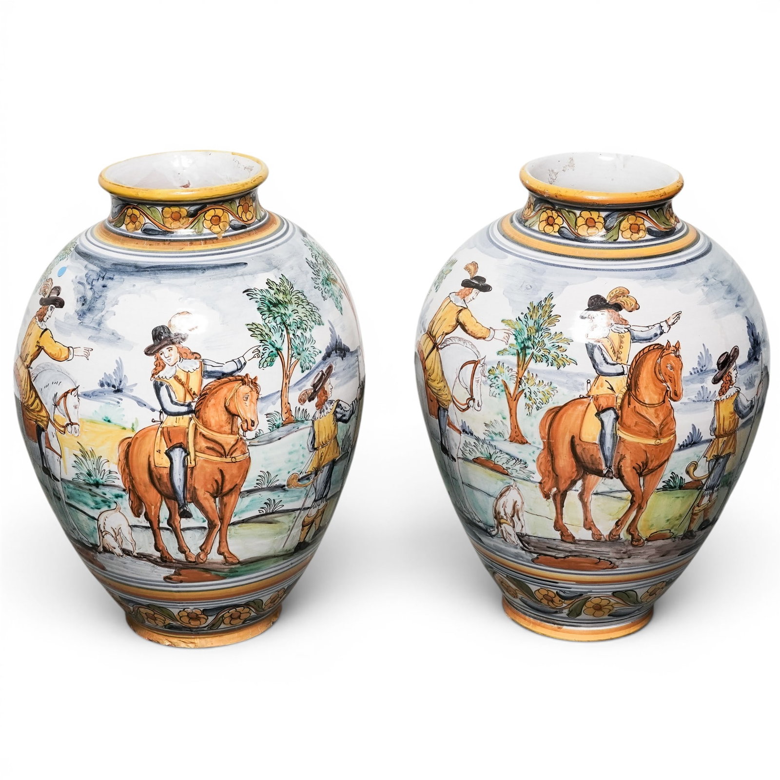 Large Pair Of Camaro Majolica Vases: Large Pair Of Camaro Majolica Vases 20th. Cent. Spanish These large vases, styled in the Monteria fashion, feature an all-over painted scene that depicts a hunt. Set in a rural landscape, the design
