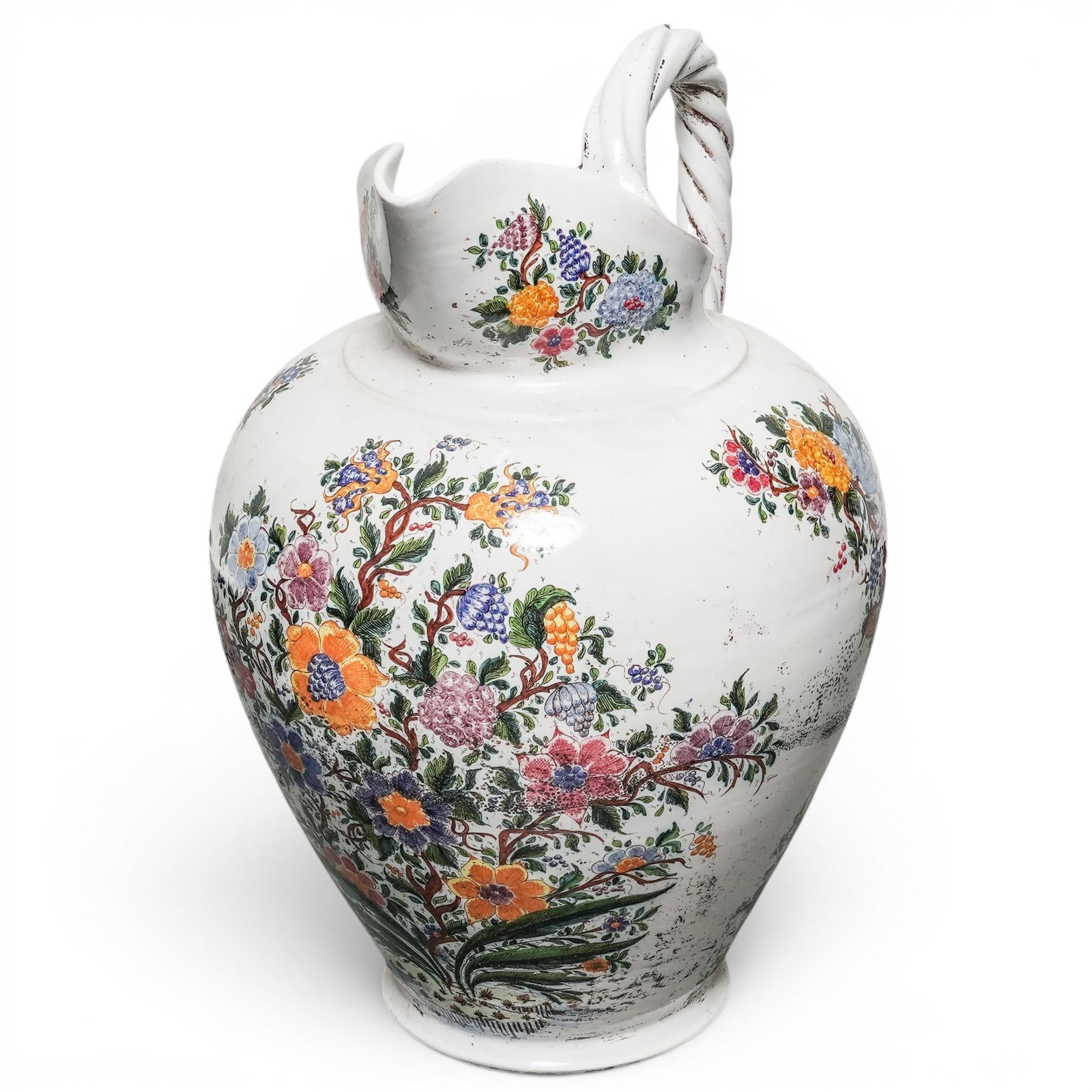 Large V.M. Bargello Gubbio Ceramic Pitcher: Large V.M. Bargello Gubbio Ceramic Pitcher 20th Cent., Italian This large, antique-style ceramic water pitcher features a bulbous body and an elegant, twisted handle. The piece is finished in a