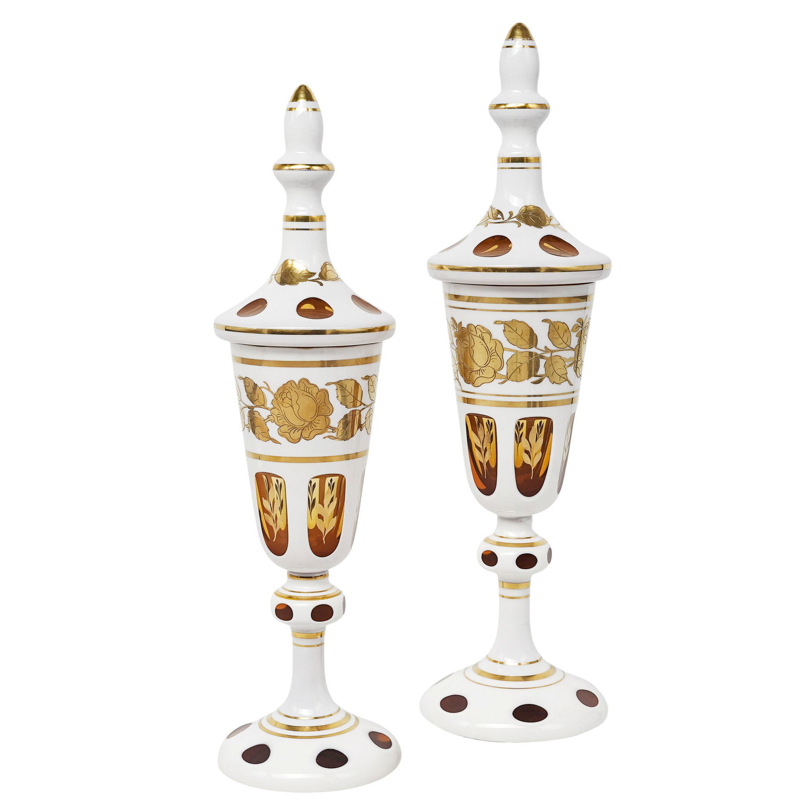 Large Pair Bohemian White & Amber Cut Glass Covered Urns (1 of 11)