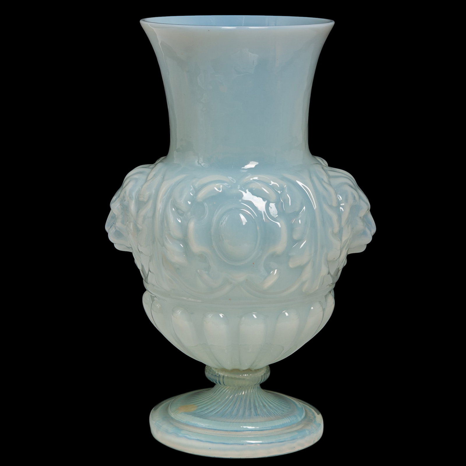 French Opaline Glass Vase: French Opaline Glass Vase Early-Mid 20th Cent., French It is crafted from a high-quality, semi-translucent white milk glass (often categorized as French opaline). The glass exhibits a distinctive fier