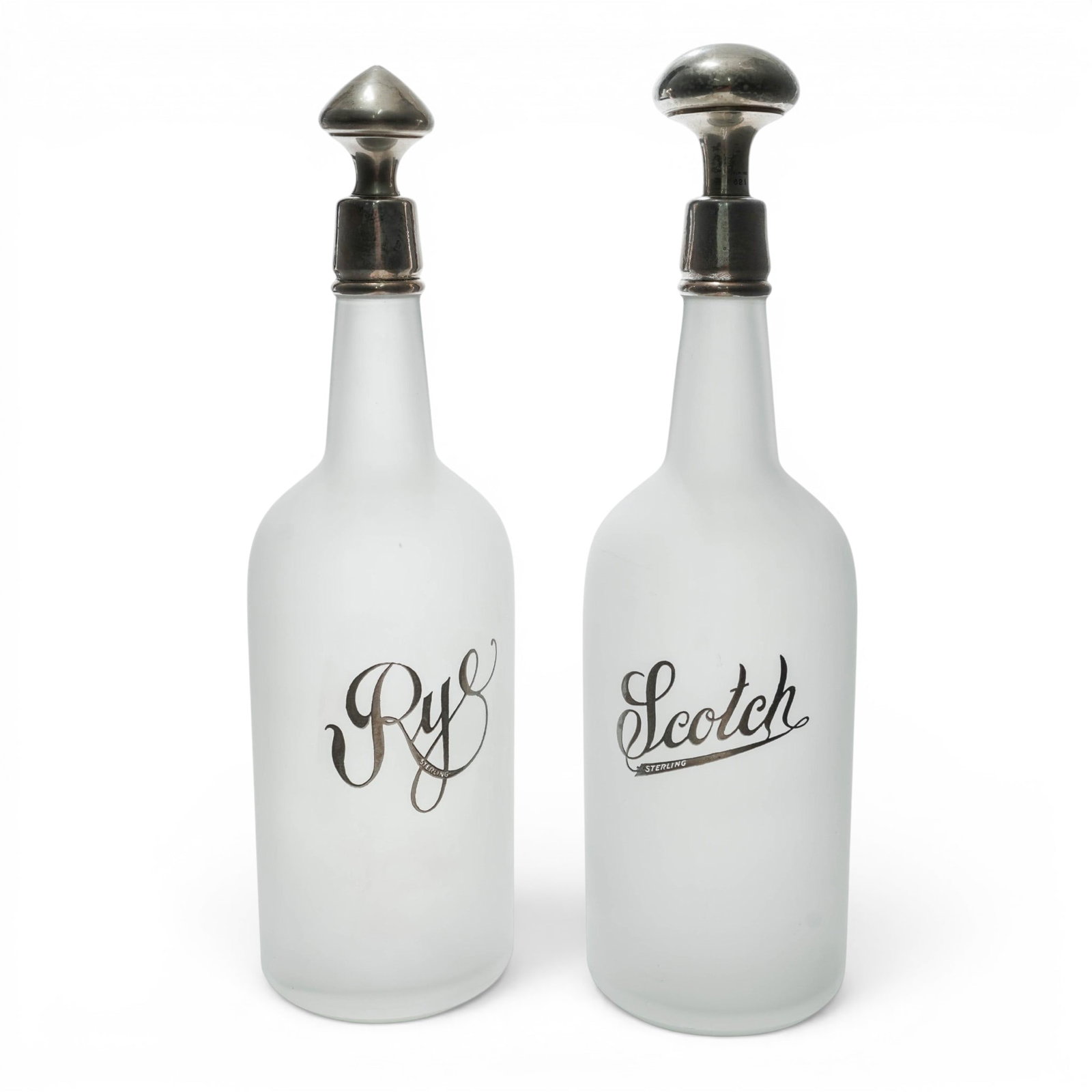 Pair Westmorland Silver Co. Prohibition-Era Sterling Silver Overlay Decanters: Pair Westmorland Silver Co. Prohibition-Era Sterling Silver Overlay Decanters c. 1930s, USA (2 pc) Sterling mounted frosted scotch & rye bottles Prohibition-era or early 1930s Art Deco sterling silver