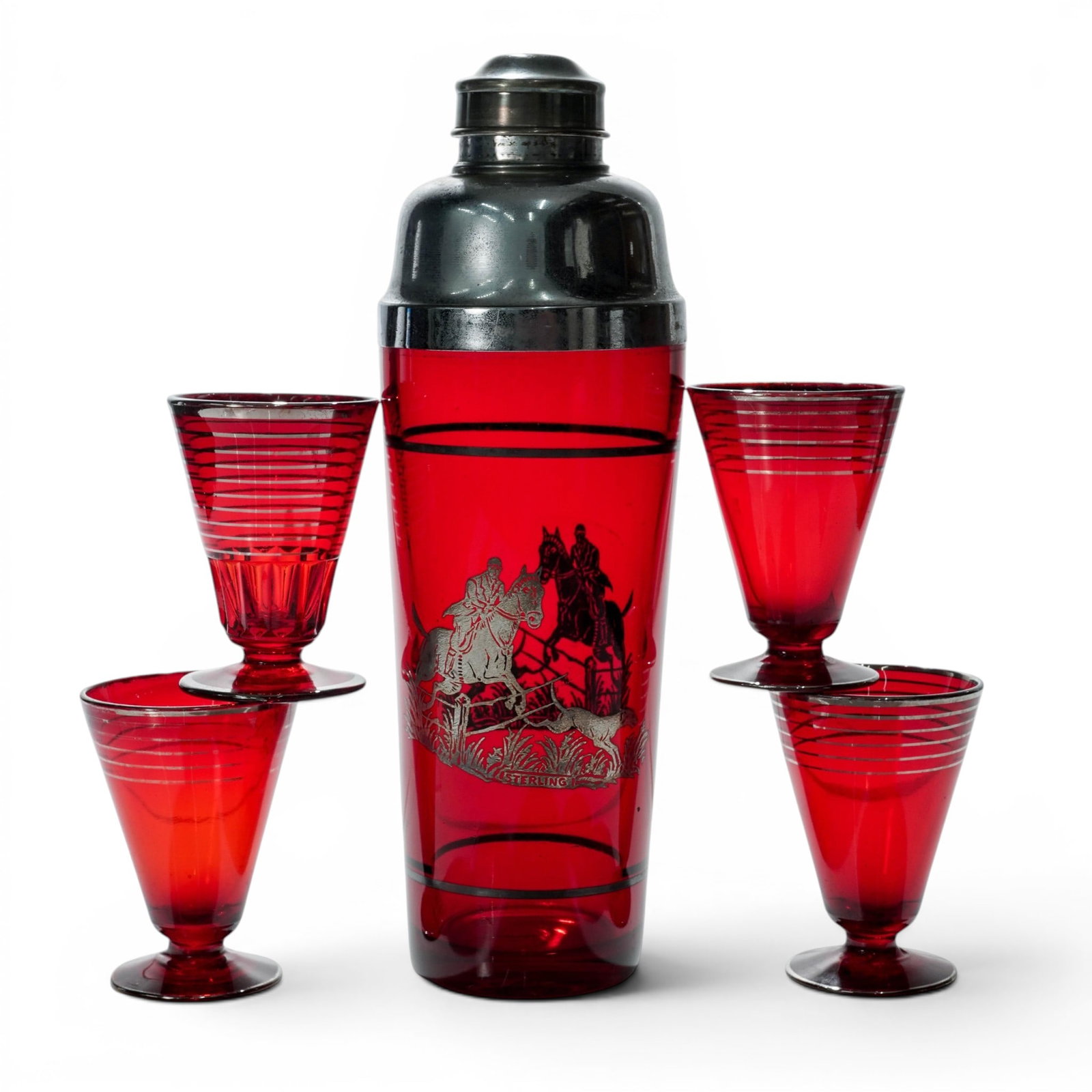 (5 pc) Art Deco Sterling Overlay Ruby Cocktail Shaker & Glasses (1 of 7)