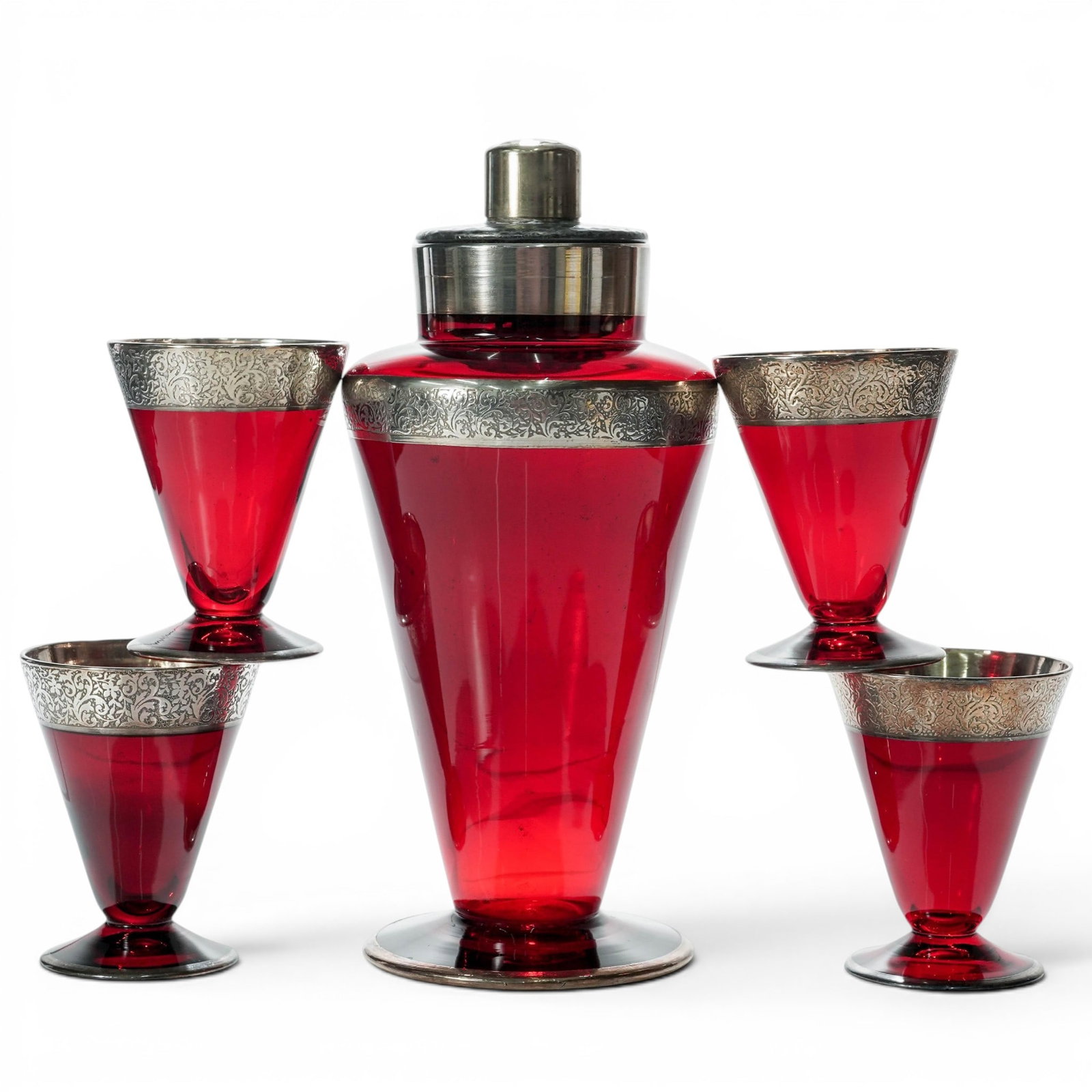 (5 pc) Art Deco Ruby Glass Silver Overlay Cocktail Shaker & Glasses (1 of 8)