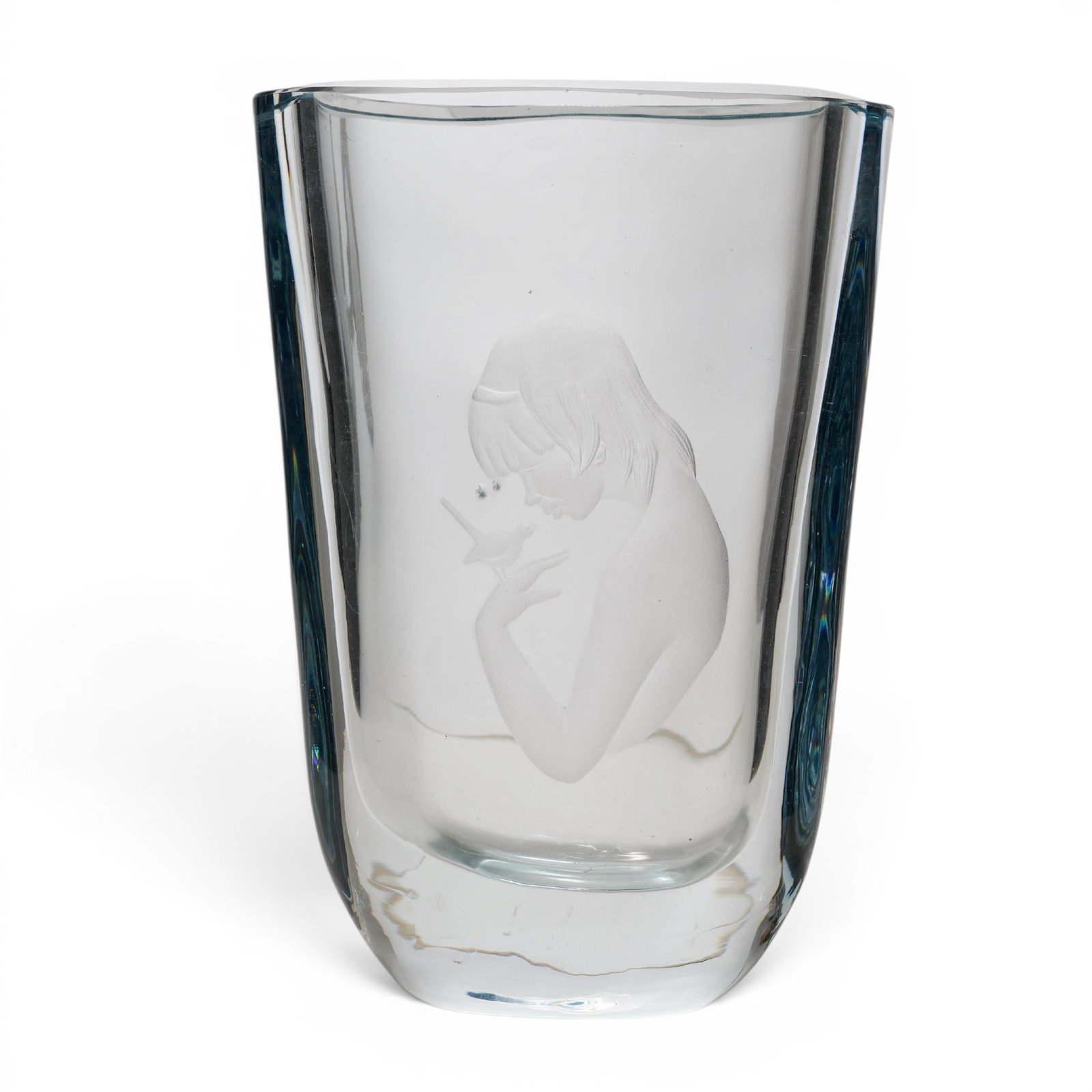 Large Kosta Boda Etched Glass Vase "Girl with Bird": Large Kosta Boda Etched Glass Vase "Girl with Bird" 20th century, Sweden This is a vintage Swedish art glass vase, by Lars Kjellander for Kosta in the 1930s The clear crystal vase features an etched o