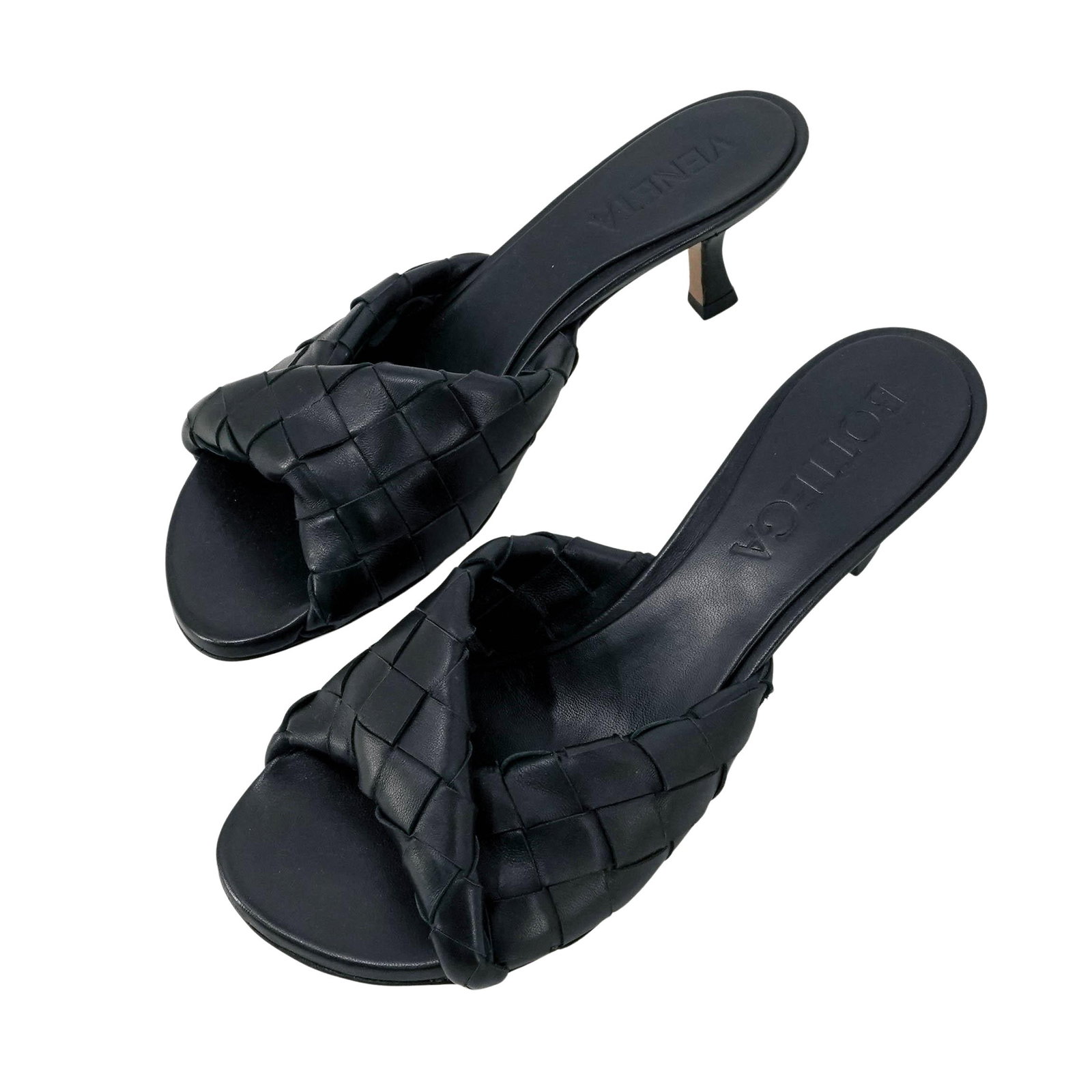 Bottega Veneta Black Low-Heels Mule Sandals: Bottega Veneta Black Low-Heels Mule Sandals 21st century, Italian Bottega Veneta Black low heels, crafted from smooth black leather, the mules showcase the Italian fashion house's signature Intrecciat