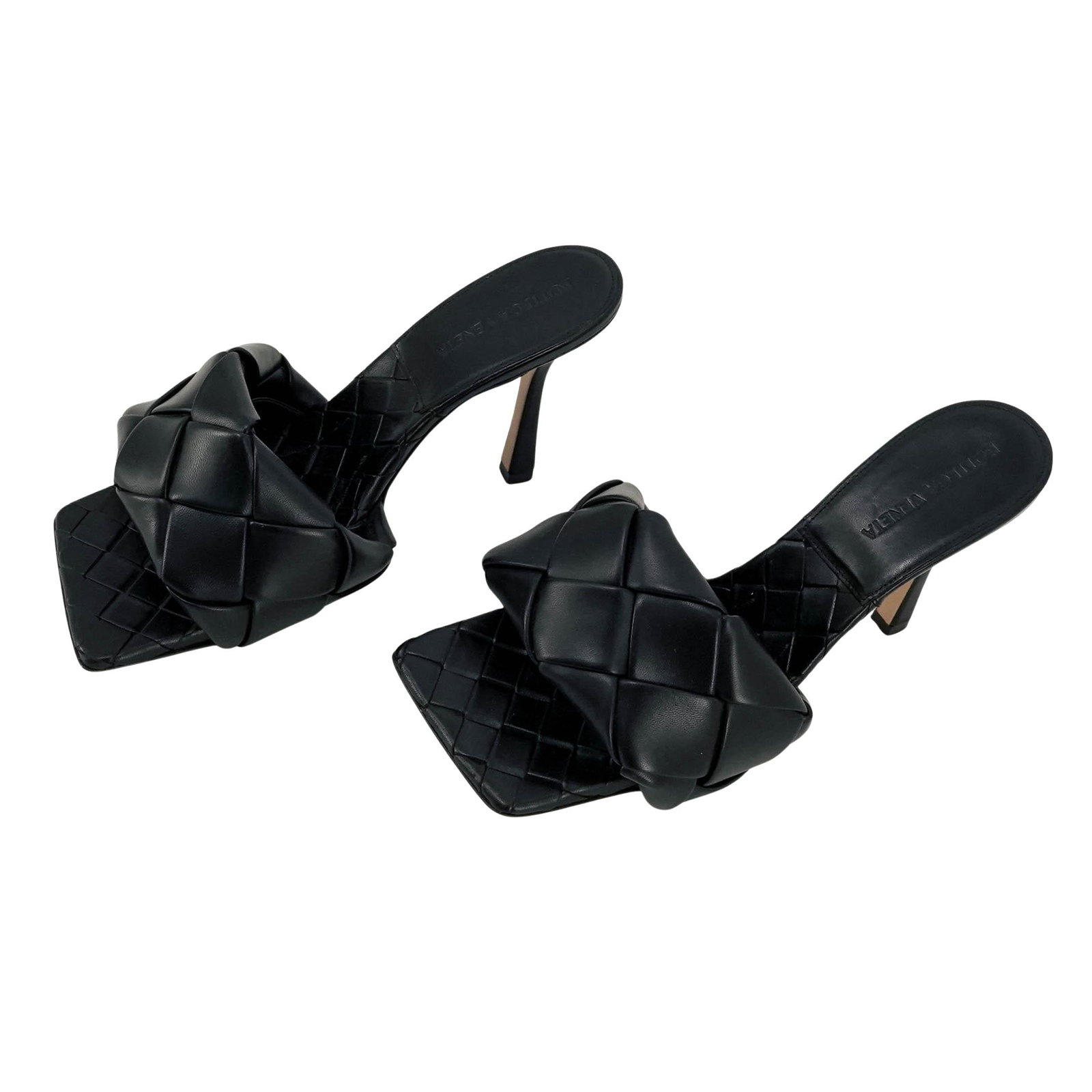 Bottega Veneta Black Matte Leather High-heels: Bottega Veneta Black Matte Leather High-heels 21st century, Italy Bottega Veneta Black leather high-heels, crafted from smooth black leather, the mules showcase the Italian fashion house's signature I