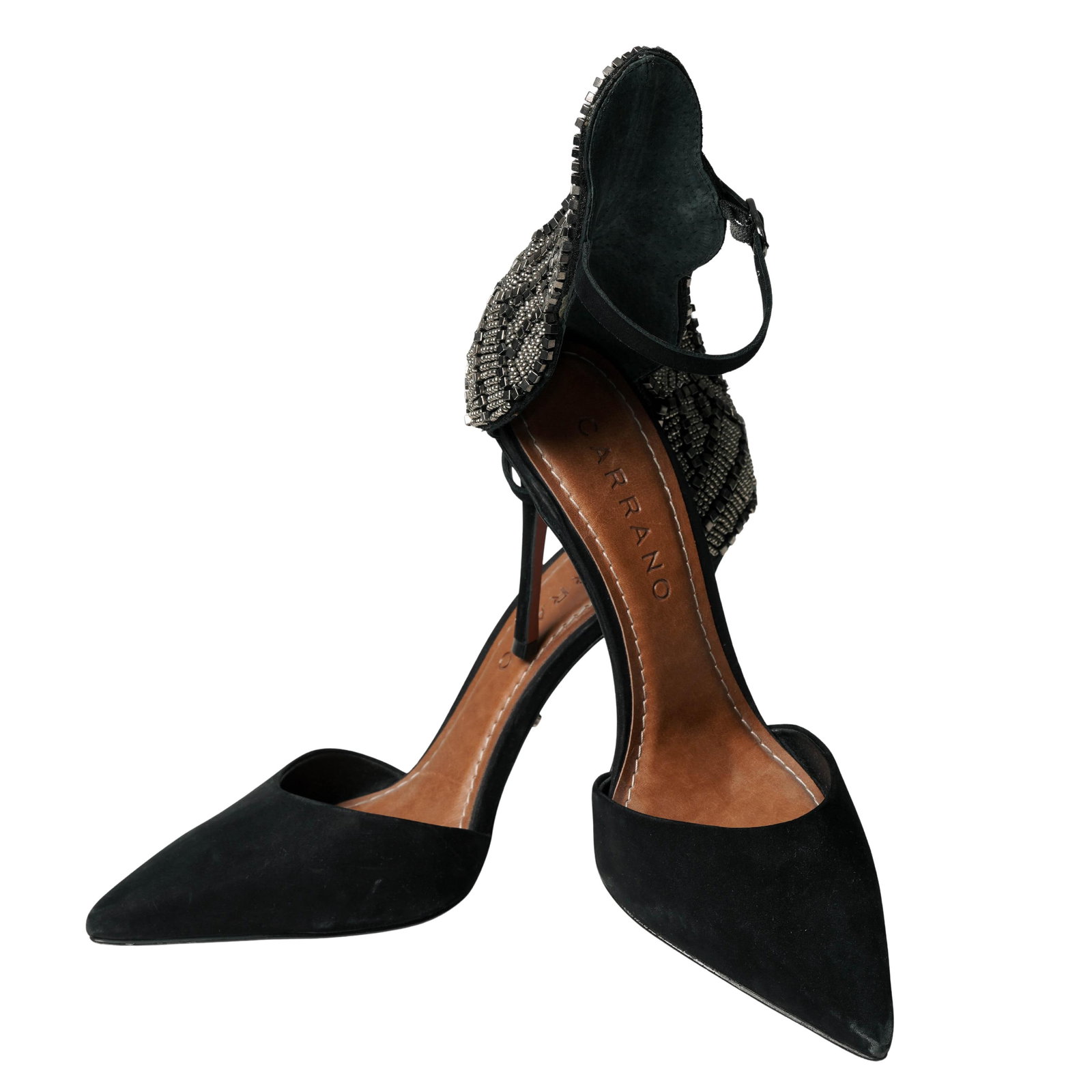 Carrano Embellished Pointed-Toe Ankle-Strap Pumps: Carrano Embellished Pointed-Toe Ankle-Strap Pumps 21st Cent., Brazilian The design features a pointed-toe pump silhouette with an ankle wrap and an intricately embellished, heavy beadwork shield or cu