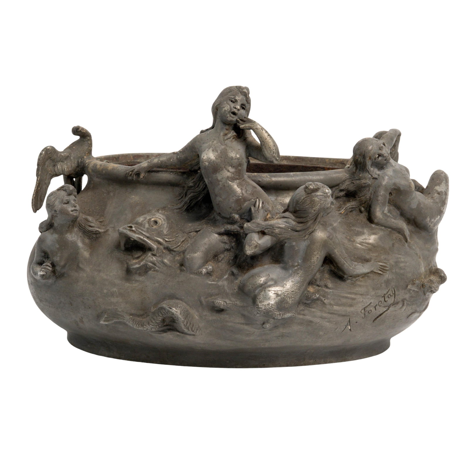 Alfred Jean Foretay (French,1861–1944) Art Nouveau Pewter Jardiniere: Alfred Jean Foretay (French,1861–1944) Art Nouveau Pewter Jardiniere Early 20th century, French Art Nouveau signed A. Foretay patinated pewter jardiniere 5 Nude Ladies & Mermaid. This is an exquisit