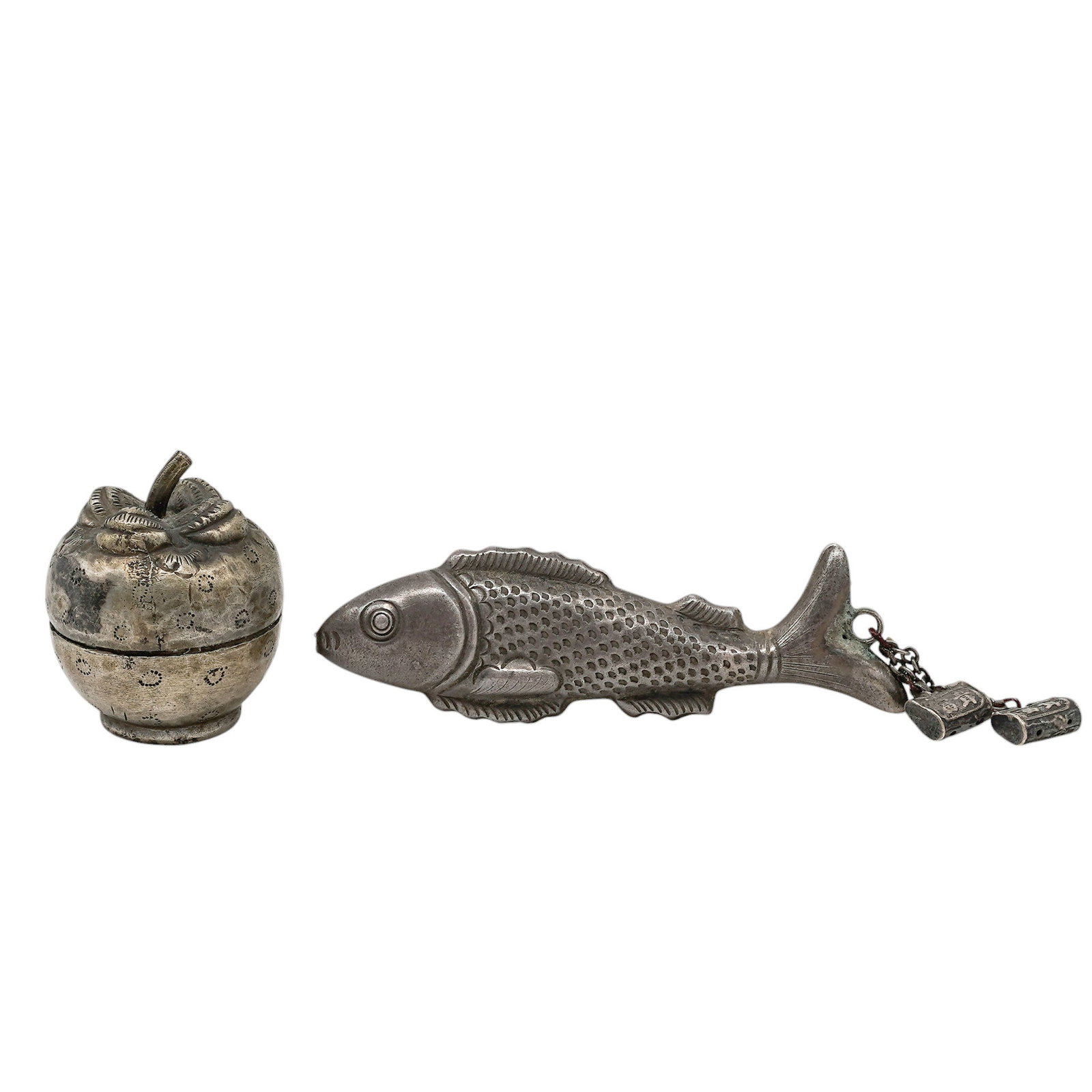 (2 pcs) Cambodian Silver Fish Charm & Apple Betel Box (1 of 5)