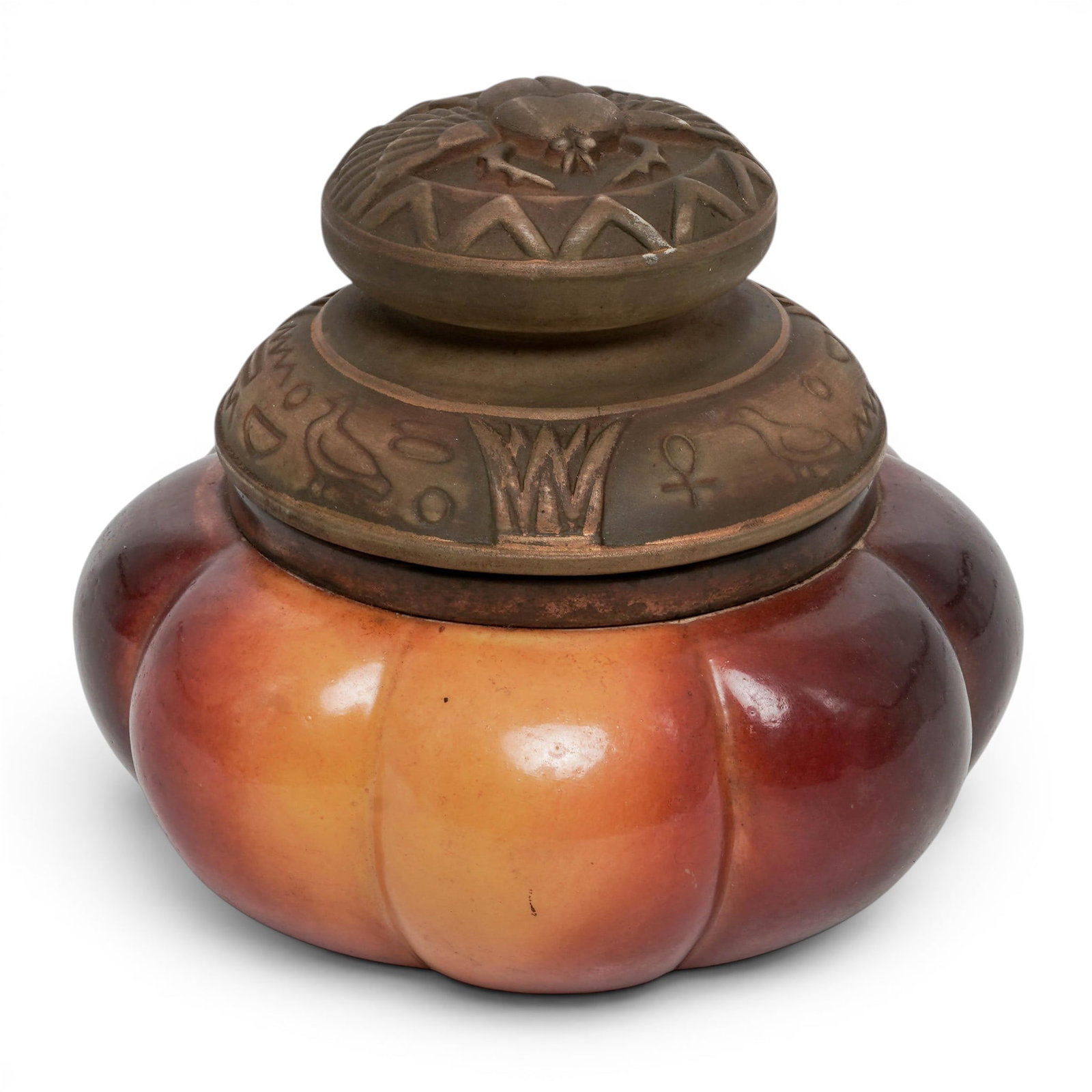 Handel Ware Egyptian Revival Tobacco Humidor "Term" Jar: Handel Ware Egyptian Revival Tobacco Humidor "Term" Jar c. 1905-1915, USA Handel Ware Egyptian Revival tobacco humidor/jar, manufactured by the Handel Company out of Meriden, Connecticut. It features 