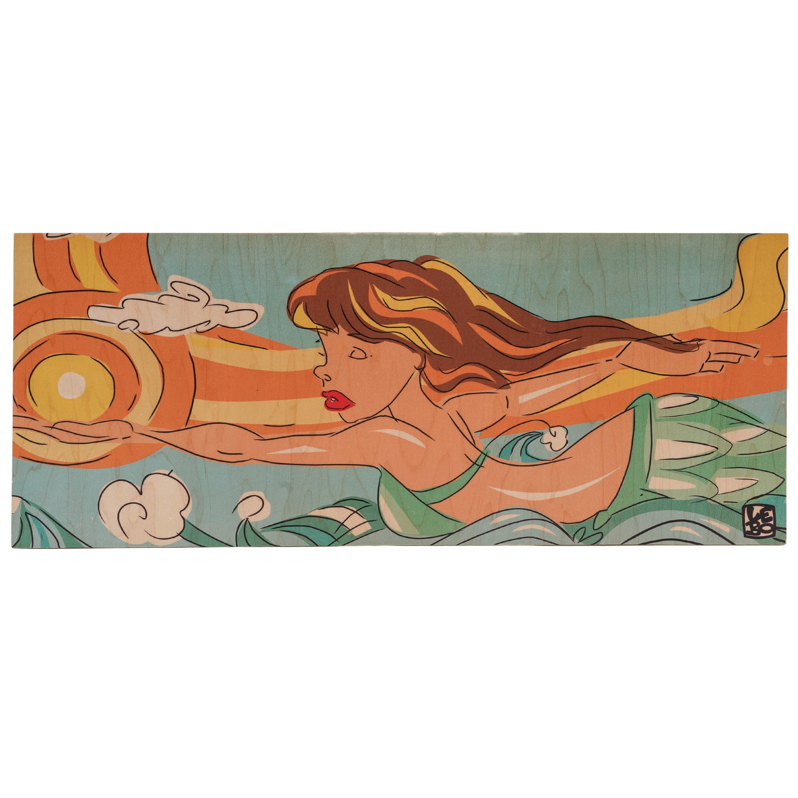 David LeBatard (Cuban 1972–2023) Caldograph Postmodern Cartoon Expressionism: David LeBatard (Cuban 1972–2023) Caldograph Postmodern Cartoon Expressionism 20th century, Cuban David LeBatard (Lebo) lady holding sun. This specific piece is a caldograph, wood panel, a unique typ
