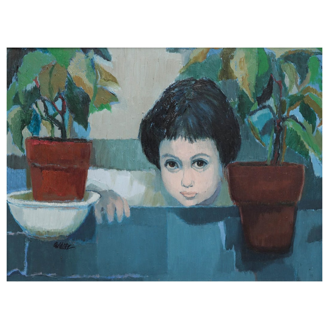 Selma Goldwitz (American, 1924-1995) ‘Pensive Child’ Oil On Panel Painting: Selma Goldwitz (American, 1924-1995) ‘Pensive Child’ Oil On Panel Painting 20th Cent., American A modernist portrait of a young child peering over a blue ledge, framed by two potted plants and a w