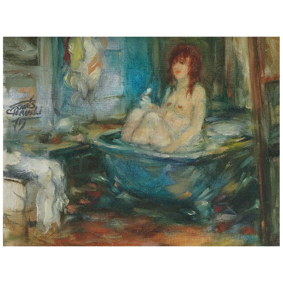 Moshe Chauski (Israeli, 1935–2014) Oil On Board Painting: Moshe Chauski (Israeli, 1935–2014) Oil On Board Painting 1979. Israeli Moshe Chauski is widely recognized for his figurative, expressive Impressionist and Modernist genre scenes. The piece features 