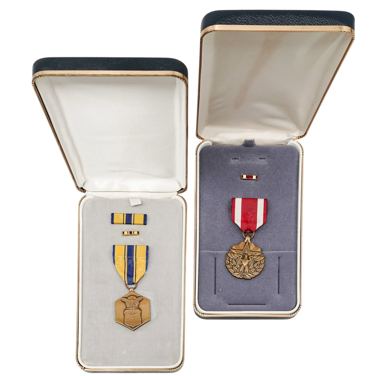 (2 pc) US Army & Air Force Military Medals: (2 pc) US Army & Air Force Military Medals Mid - Late 20th Cent, USA (1) Blue and Yellow striped ribbon holding a US Air Force Commendation metal, made of bronze, toting the Air Force Seal. Included a