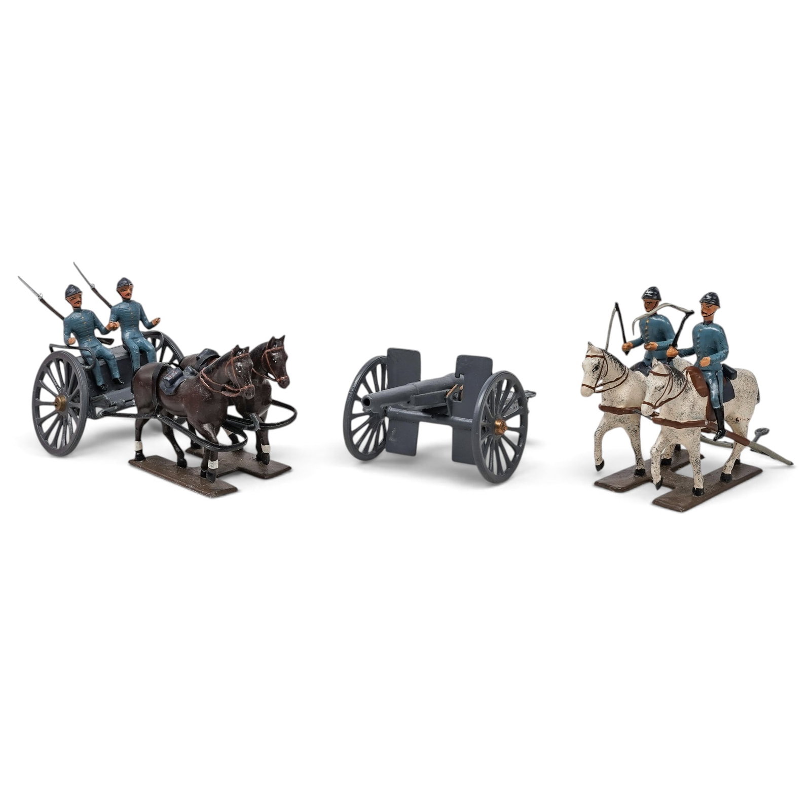 CBG Mignot French Horse-Drawn Artillery Unit Toy Soldiers: CBG Mignot French Horse-Drawn Artillery Unit Toy Soldiers 20th century, French Vintage French toy set featuring a horse-drawn artillery unit. Featured Items: Artillery Piece: A gray-painted toy cannon