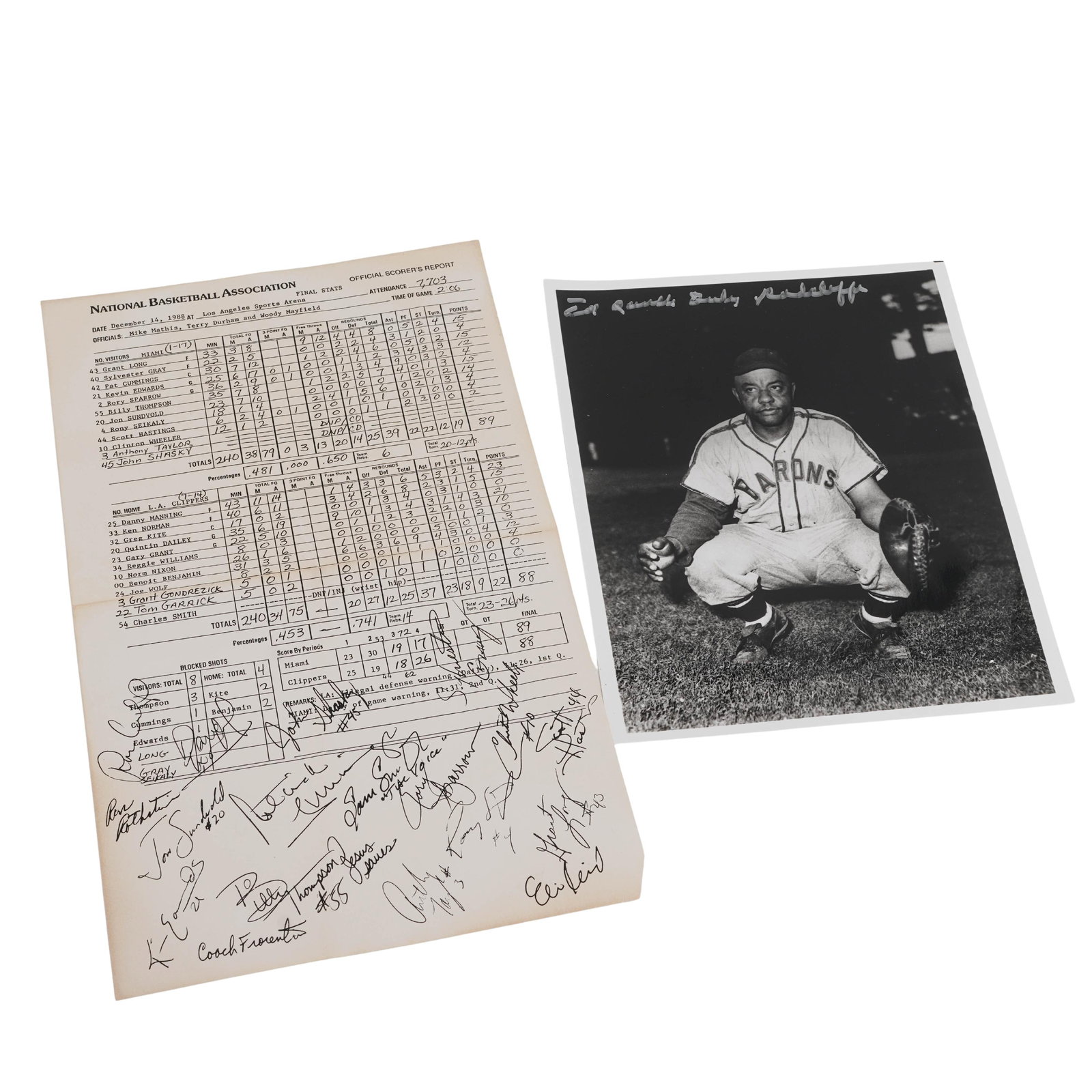 (2 Pc) Signed 1988 NBA Scorer's Report & Ted "Double Duty" Radcliffe Photo: (2 Pc) Signed 1988 NBA Scorer's Report & Ted "Double Duty" Radcliffe Photo c. 1943, 1988, USA Baseball signed photo and signed NBA score card for (Miami Vs LA Clippers game), Lot includes: (1) Signed 