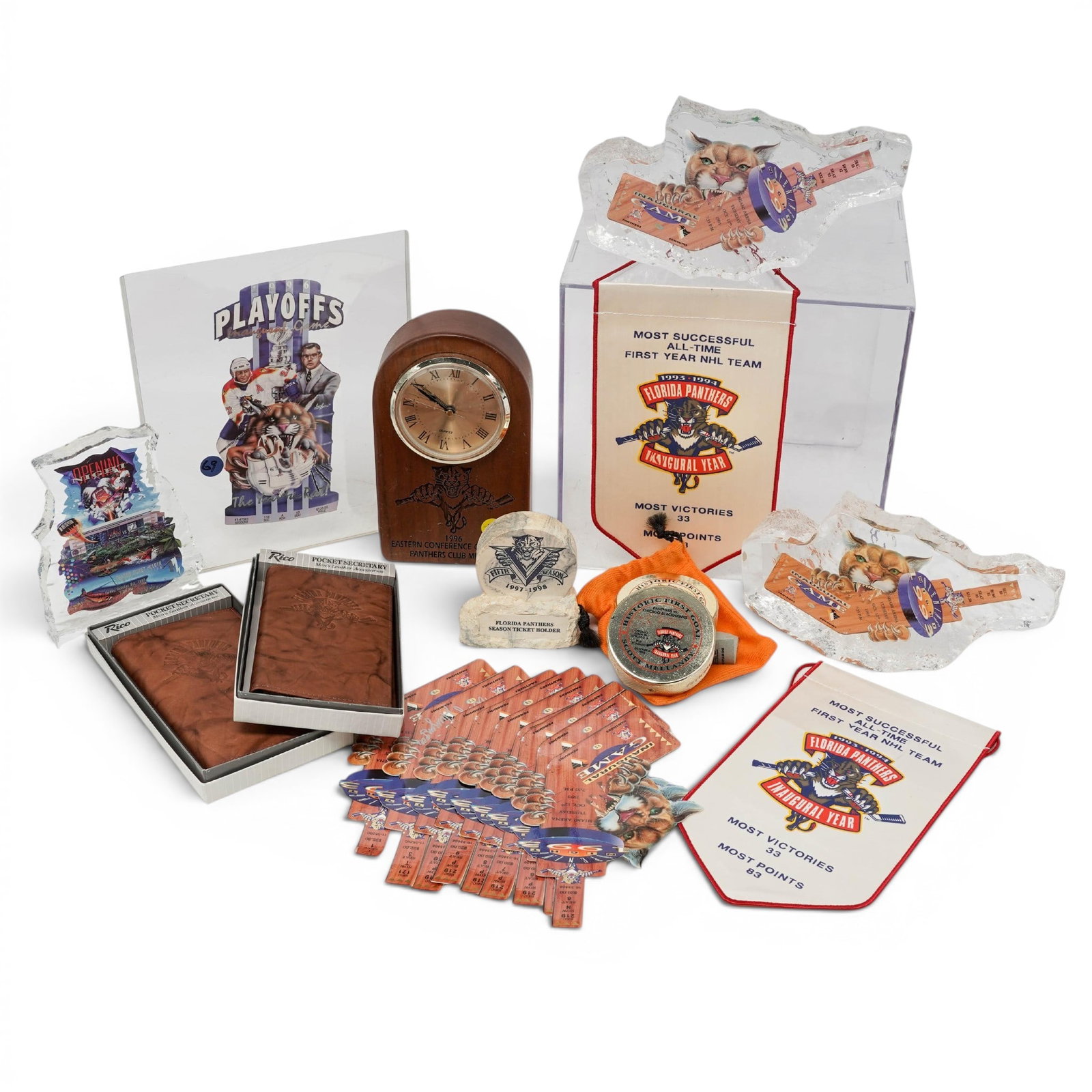 (25 pc) Assortment of Florida Panthers Memorabilia: (25 pc) Assortment of Florida Panthers Memorabilia 1990s, USA (5) Oct. 12, 1993 inaugural game tickets epoxy (1) Oct. 9, 1998 opening night season ticker holder limited edition ticket in epoxy (1) 199