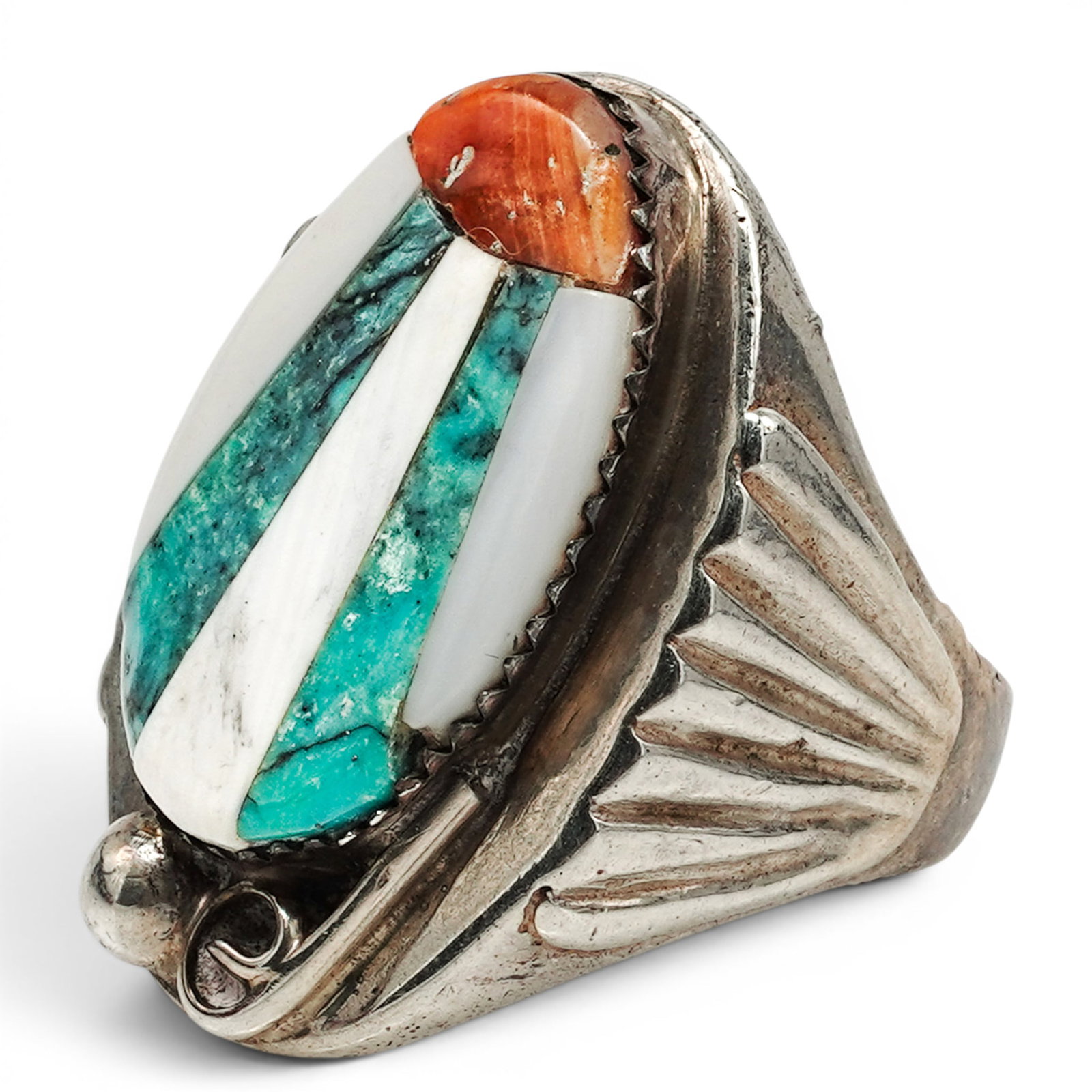 A Zuni Sterling Silver, Turquoise, Coral, And Shell Mosaic Inlay Ring: A Zuni Sterling Silver, Turquoise, Coral, And Shell Mosaic Inlay Ring Late 20th century Unmarked. Tested sterling silver. A large oval ring with mosaic inlay comprising turquoise, coral, and shell arr