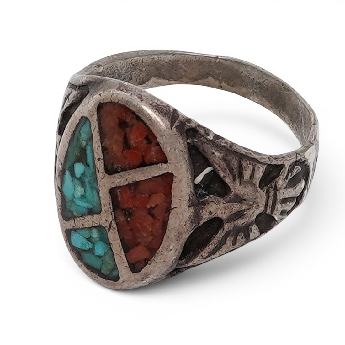 A Navajo Sterling Silver, Turquoise, And Coral Mosaic Inlay Ring (1 of 11)