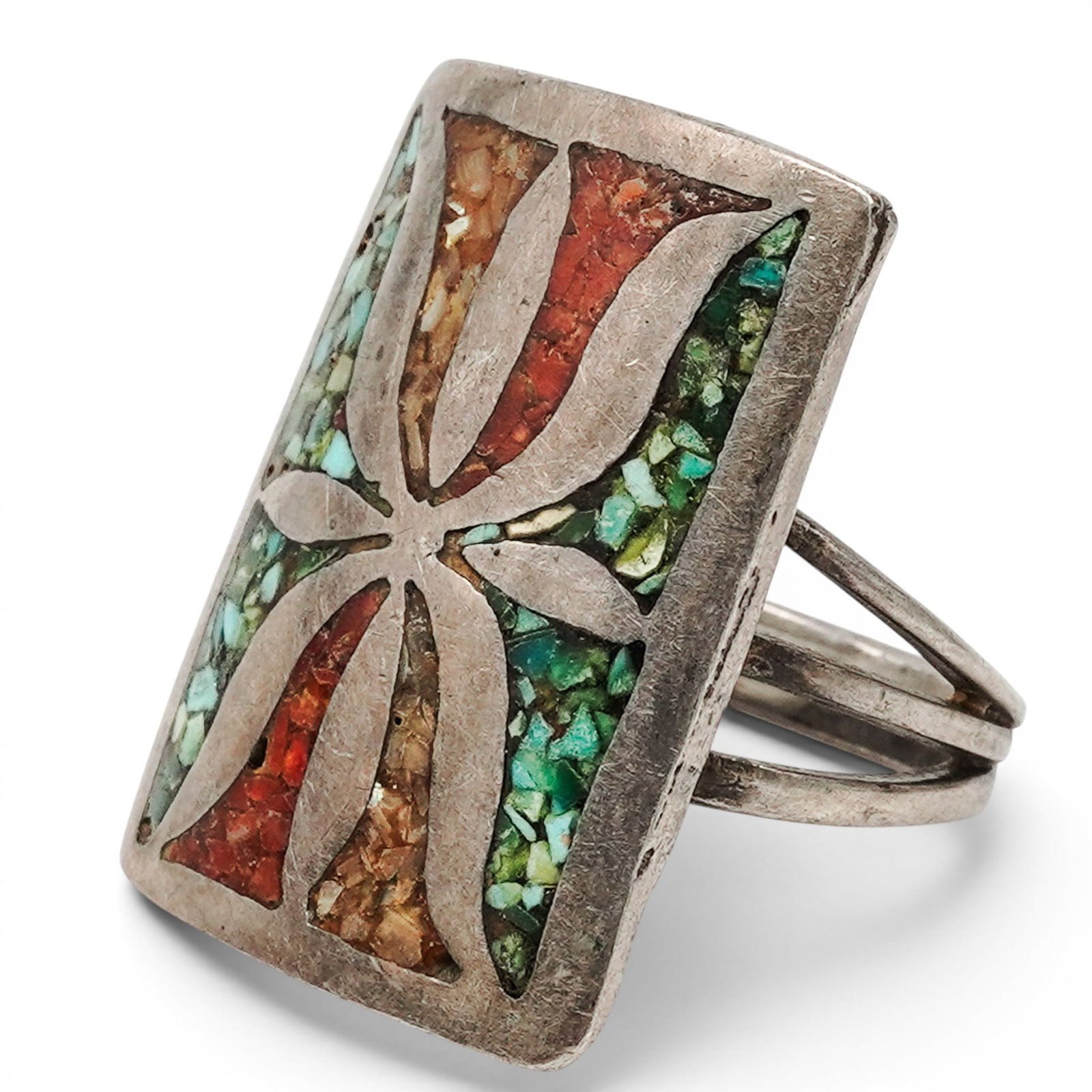 A Navajo Sterling Silver, Turquoise, Coral, And Shell Mosaic Inlay Ring (1 of 5)
