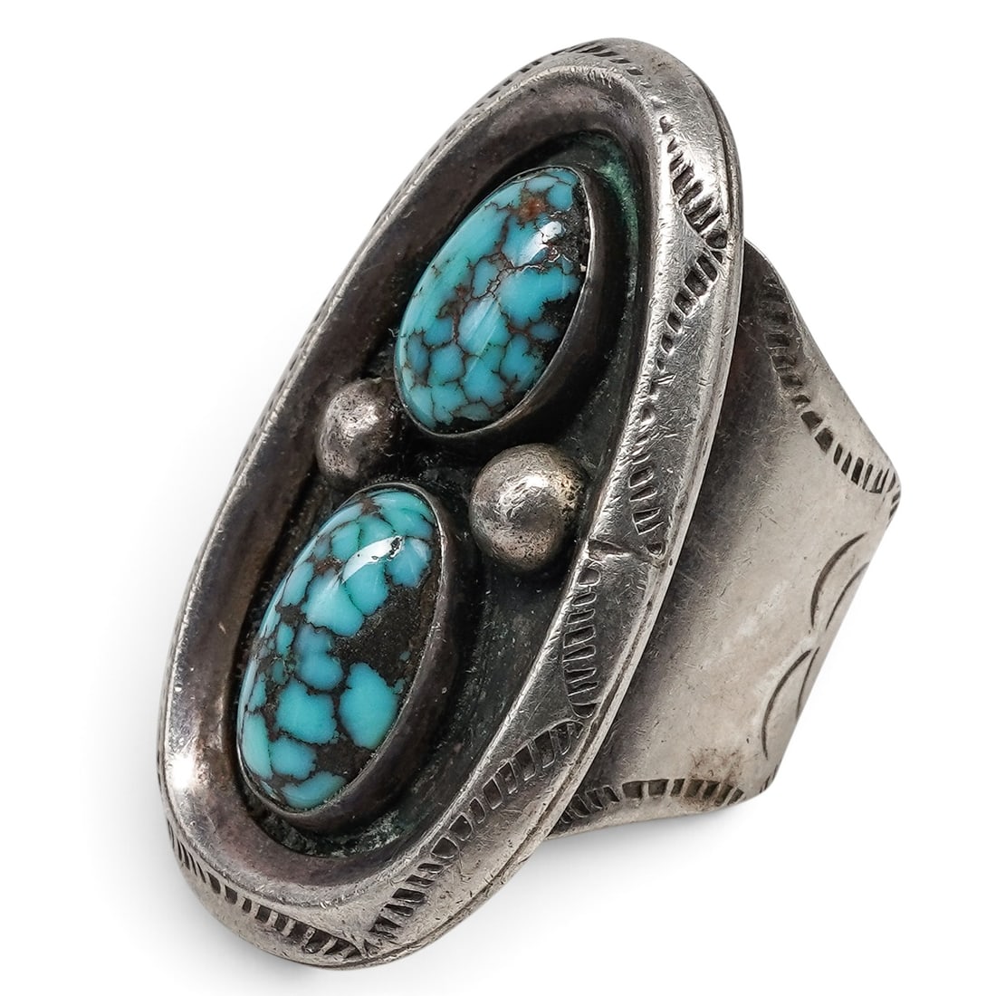 A Navajo Sterling Silver And Turquoise Two-stone Stampwork Ring (1 of 6)