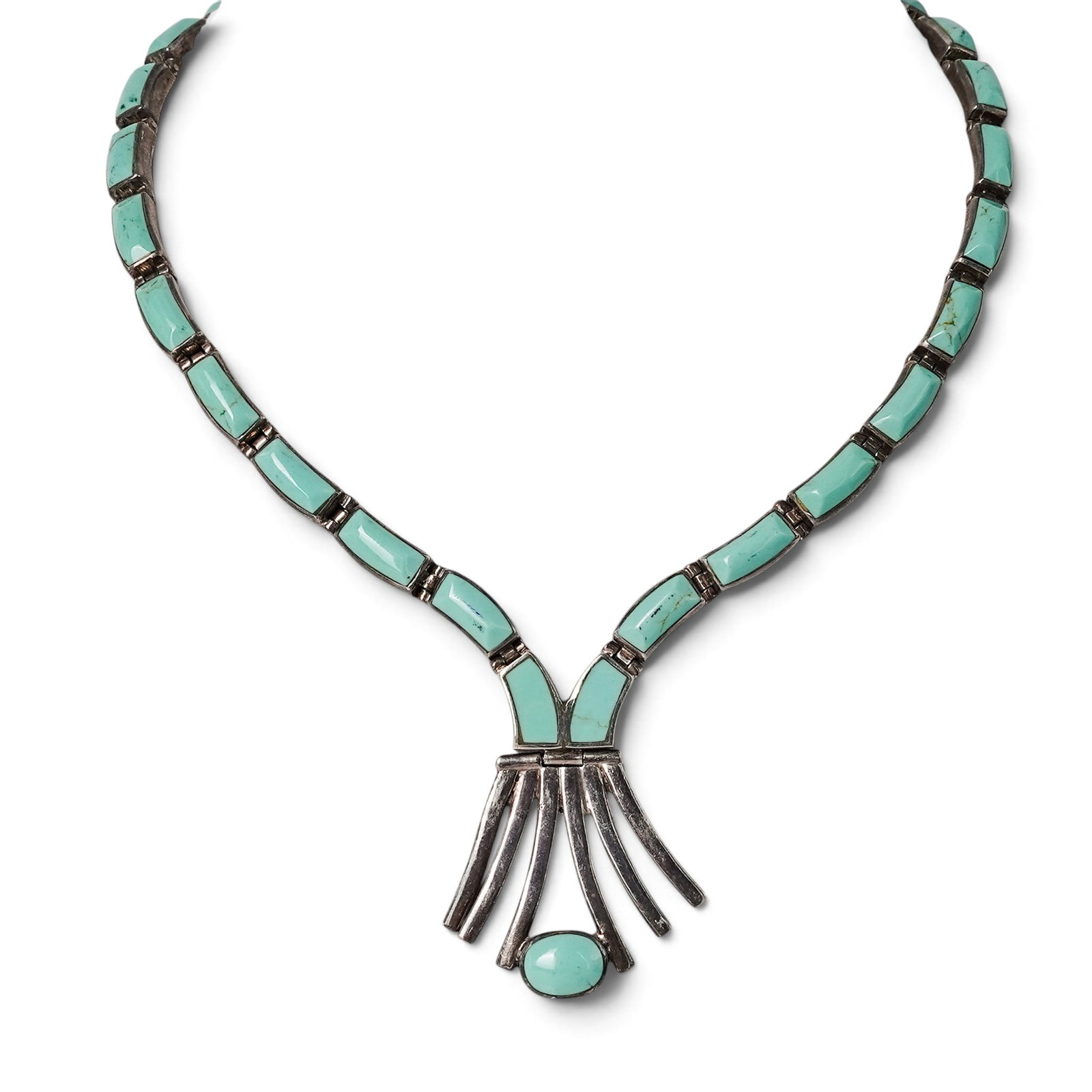 A Navajo Sterling Silver And Turquoise Channel Inlay Link Necklace: A Navajo Sterling Silver And Turquoise Channel Inlay Link Necklace Late 20th century Stamped: Mexico / 950 / TC-264 A necklace composed of rectangular silver links with channel-set turquoise inlay, te