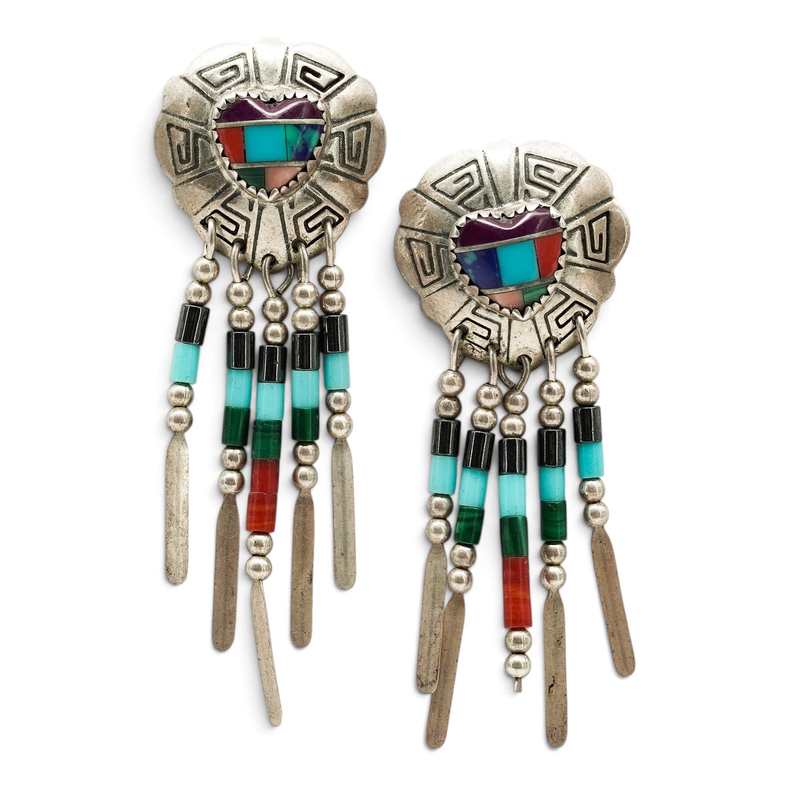 A Pair Of TK Emerson Navajo Sterling Silver Multicolor Inlay And Bead Fringe Post Earrings: A Pair Of TK Emerson Navajo Sterling Silver Multicolor Inlay And Bead Fringe Post Earrings Late 20th century Stamped: T.K. / Sterling Each with a shield-form multistone inlay panel suspended above mul