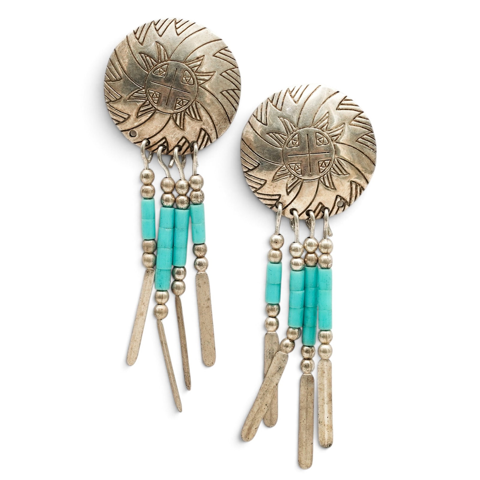 A Pair Of Navajo Sterling Silver Sunface And Turquoise Bead Fringe Post Earrings: A Pair Of Navajo Sterling Silver Sunface And Turquoise Bead Fringe Post Earrings Late 20th century Unmarked. Tested sterling silver. Each circular earring with an engraved sunface motif suspending tur