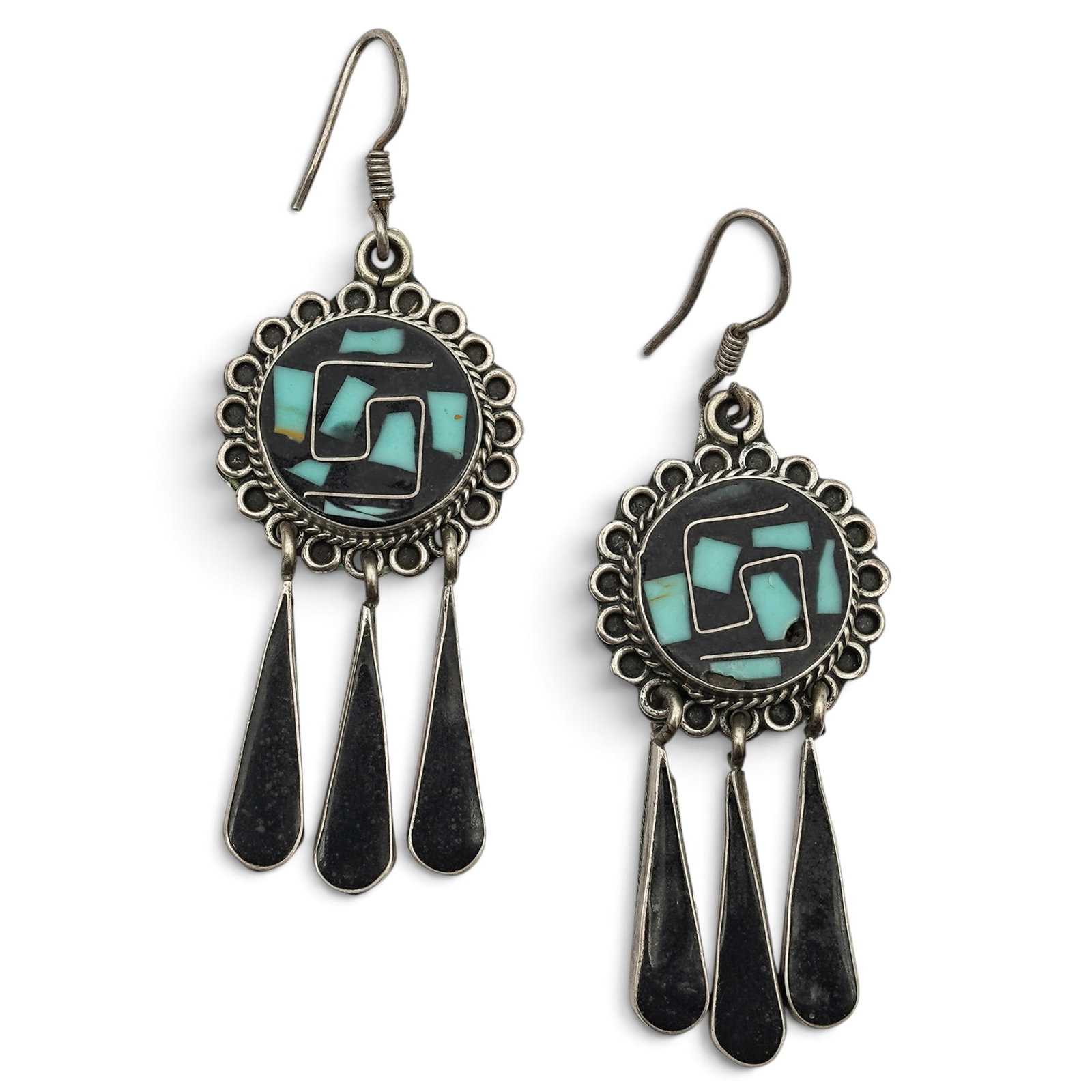 A Pair Of Mexican Sterling Silver, Turquoise, And Onyx Inlay Fringe Earrings: A Pair Of Mexican Sterling Silver, Turquoise, And Onyx Inlay Fringe Earrings Late 20th century, Mexican Stamped: MEX / 925 / TS-79 Each circular earring has geometric turquoise and onyx inlay within a