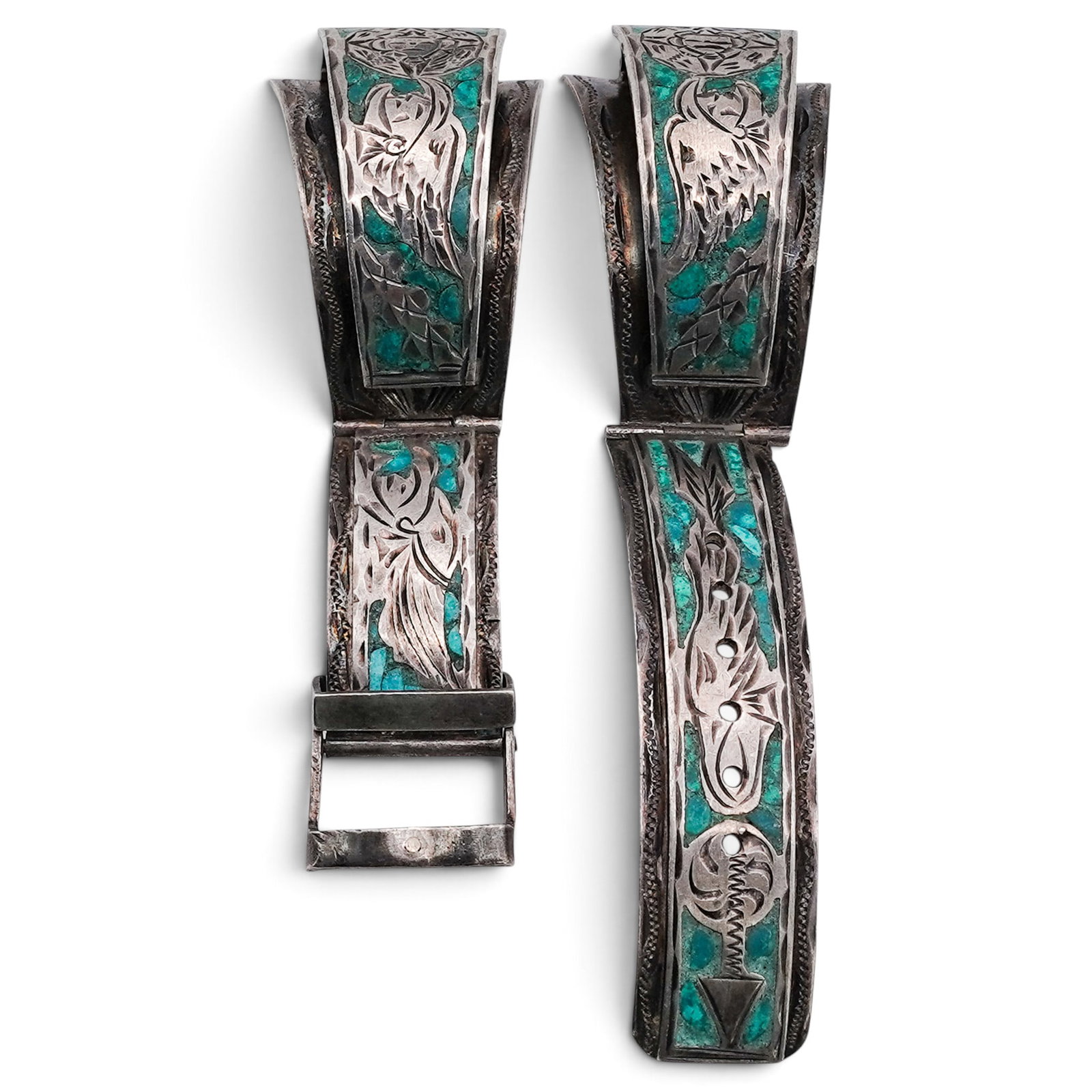 A Mexican Sterling Silver And Turquoise Inlay Watch Band (1 of 5)