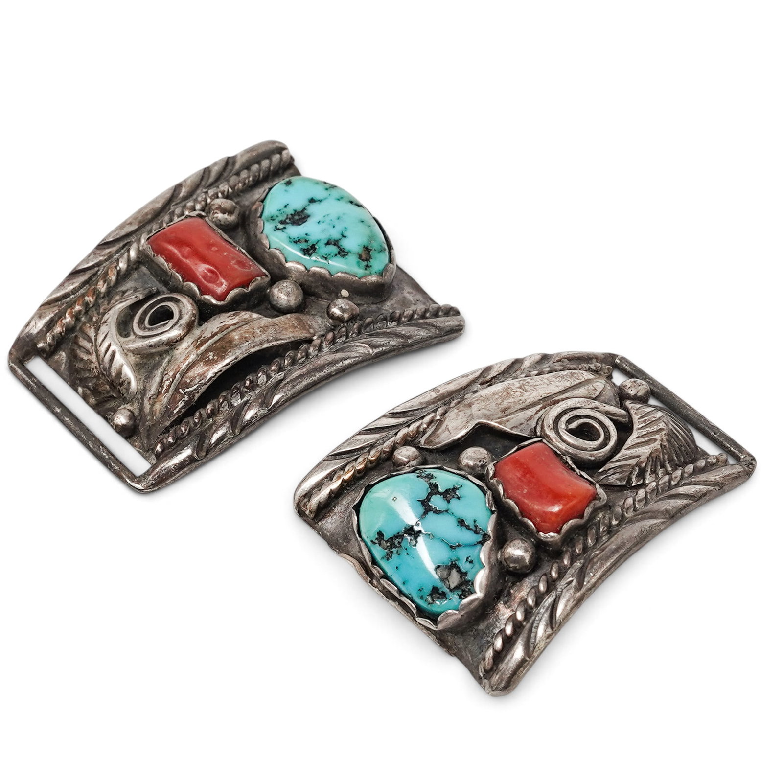 A Navajo Sterling Silver, Turquoise, And Coral Belt Buckle (1 of 4)