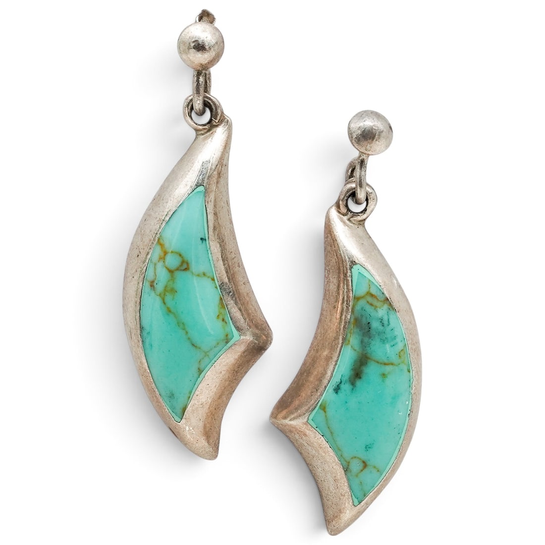A Pair Of Mexican Sterling Silver And Turquoise Crescent Drop Earrings: A pair of Mexican sterling silver and turquoise crescent drop earrings Late 20th century, Mexican Stamped: 925 / Mexico / [illegible workshop mark] Each post earring suspends a curved crescent-form tu