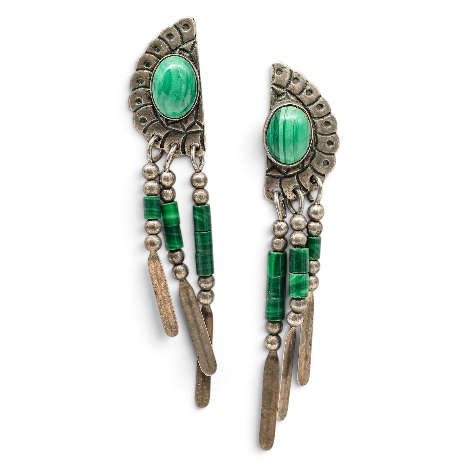 A Pair Of T.K. Emerson Navajo Sterling Silver And Malachite Fringe Earrings: A pair of T.K. Emerson Navajo sterling silver and malachite fringe earrings Late 20th century T.K. Emerson (b. 20th century, Navajo) Stamped: TK within a circle / Sterling Each figural bird-form post 