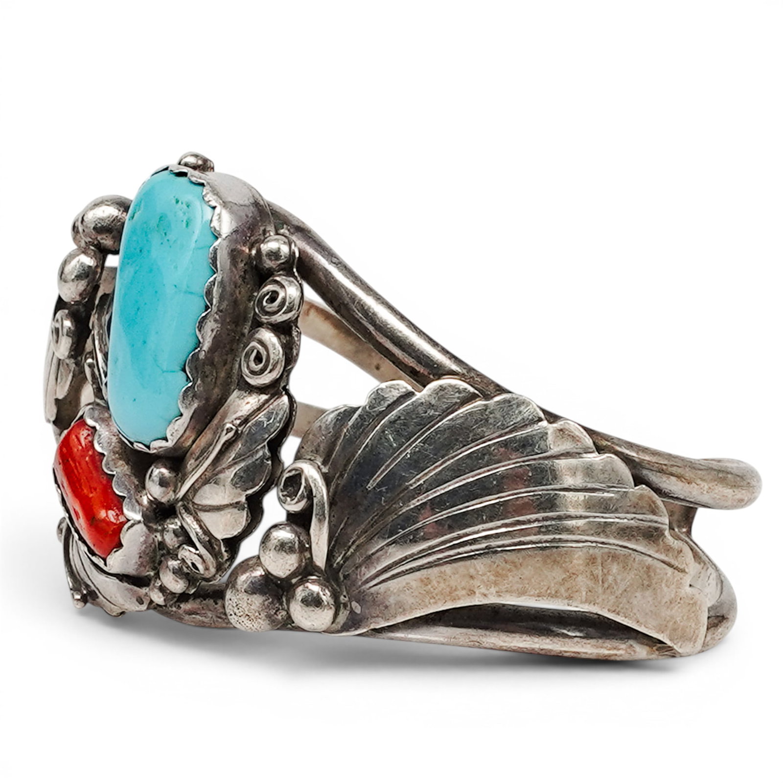 A Navajo Sterling Silver, Turquoise, And Coral Cuff Bracelet (1 of 6)