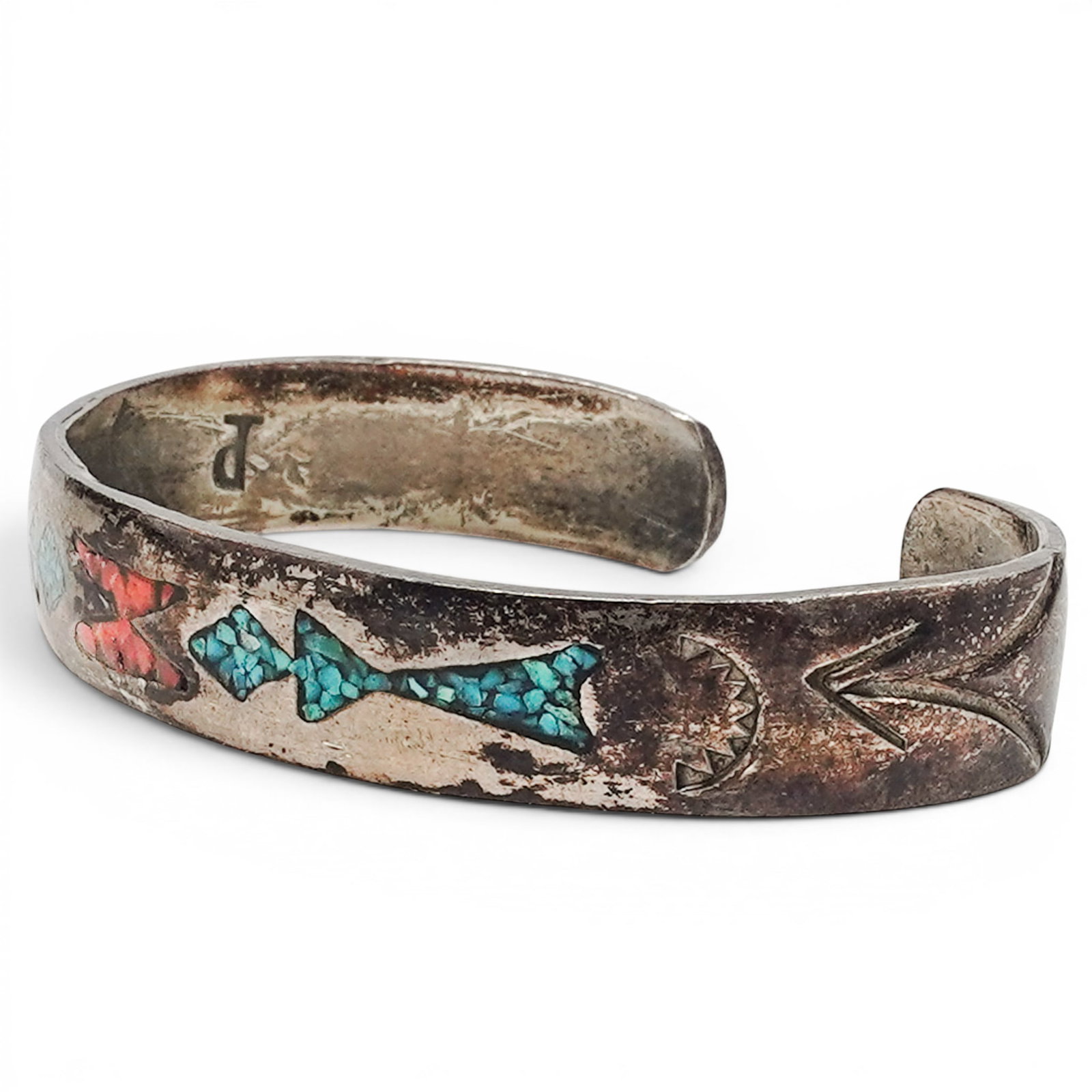 A Prince Trading Co. Southwest Sterling Silver, Turquoise, And Coral Mosaic Inlay Cuff Bracelet: A Prince Trading Co. Southwest sterling silver, turquoise, and coral mosaic inlay cuff bracelet Late 20th century Stamped: Prince Trading Co. hallmark. Tested sterling silver. A narrow cuff bracelet w
