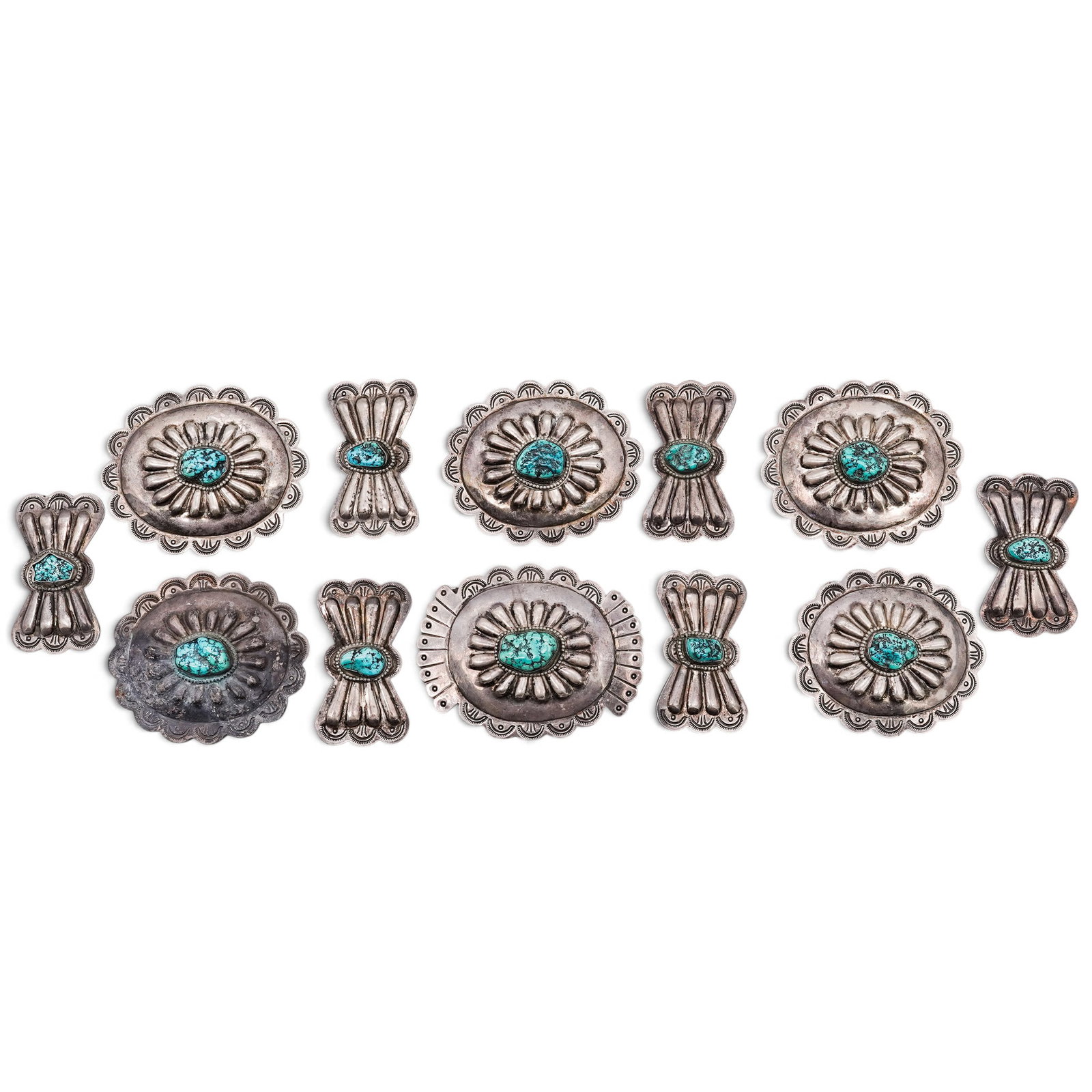 (12 Pcs) Southwest Sterling Silver And Turquoise Concho Belt Set: (12 Pcs) Southwest sterling silver and turquoise concho belt set Late 20th century Unmarked. Tested sterling silver. Comprising twelve concho elements, including six oval conchos and six butterfly-for