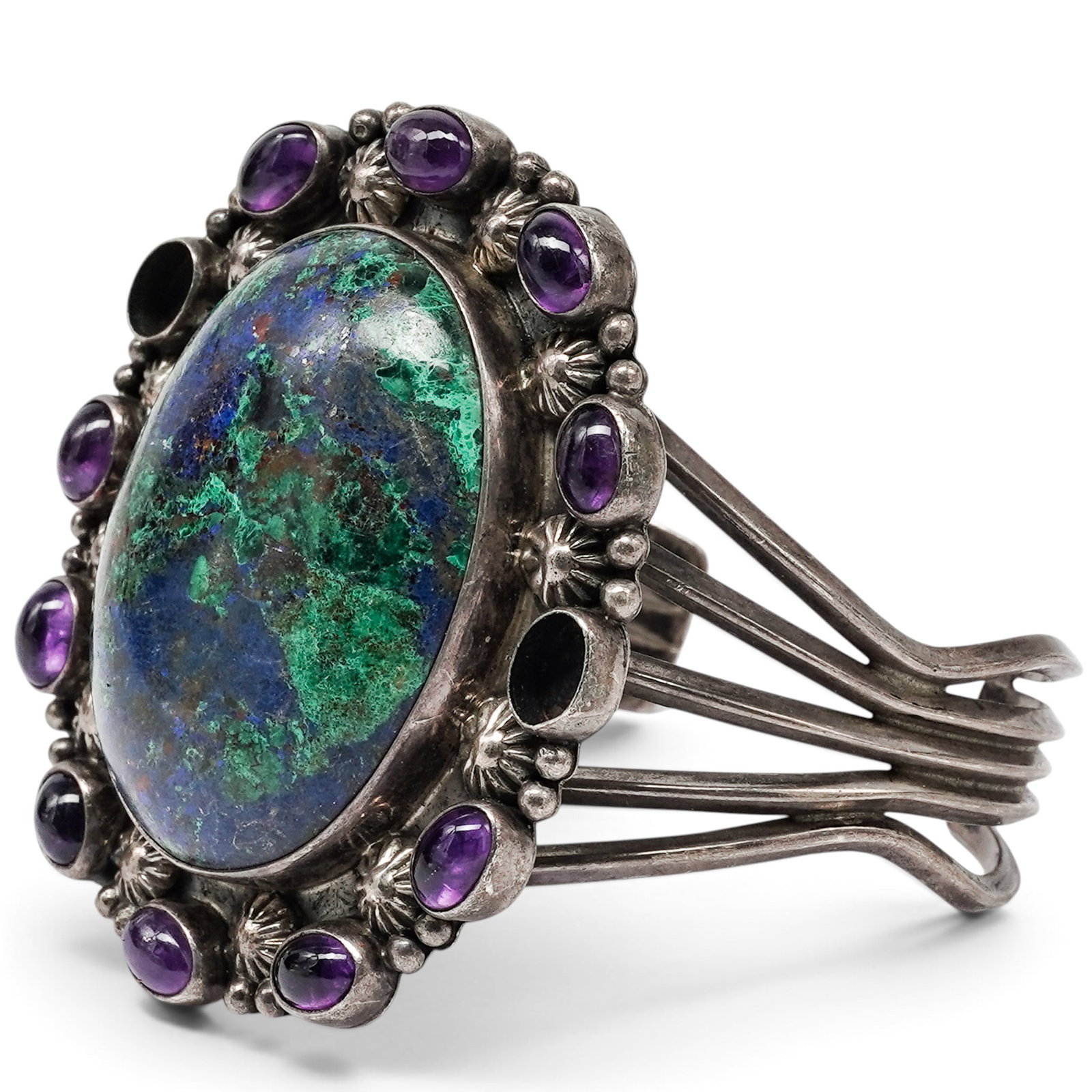 A Tom David Navajo Sterling Silver, Azurite-malachite, And Amethyst Cuff Bracelet (1 of 6)