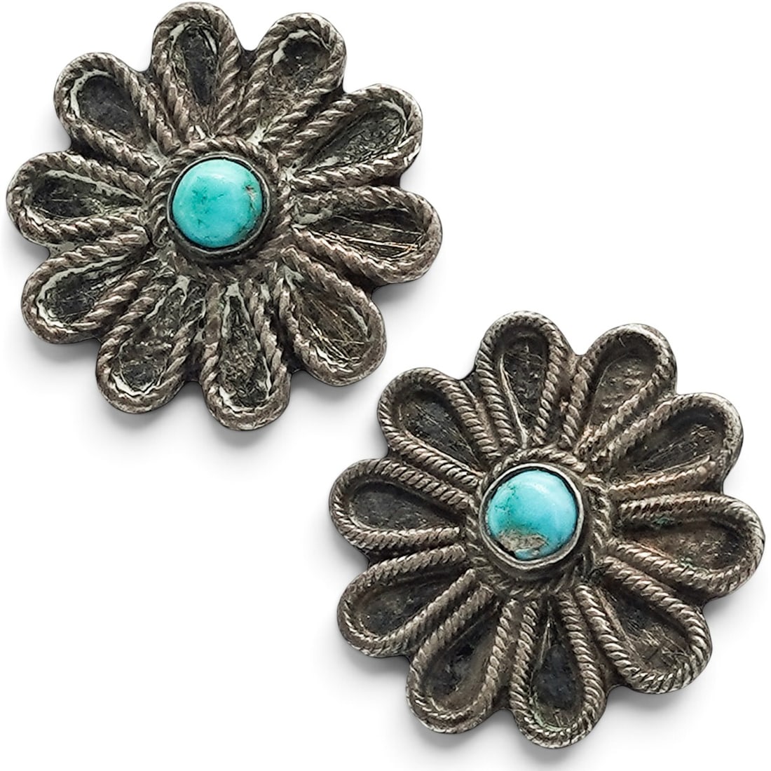 A Pair Of Navajo Sterling Silver And Turquoise Flower Screwback Earrings: A pair of Navajo sterling silver and turquoise flower screwback earrings Late 20th Century Stamped: Unidentified shop marks. Tested sterling silver. Each in the form of a flower with radiating silver 