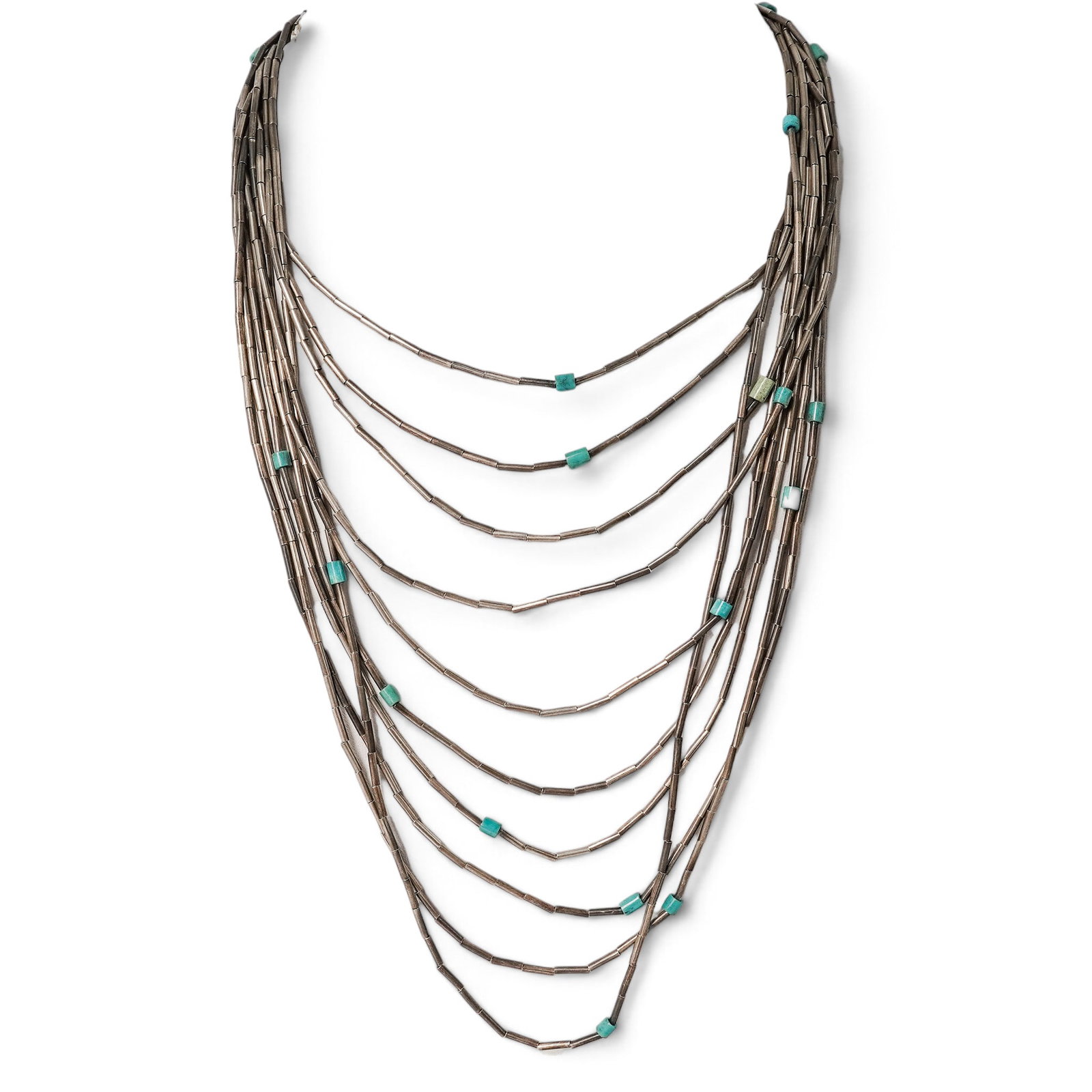 A Navajo Sterling Silver And Turquoise Liquid Silver Multi-strand Necklace (1 of 5)