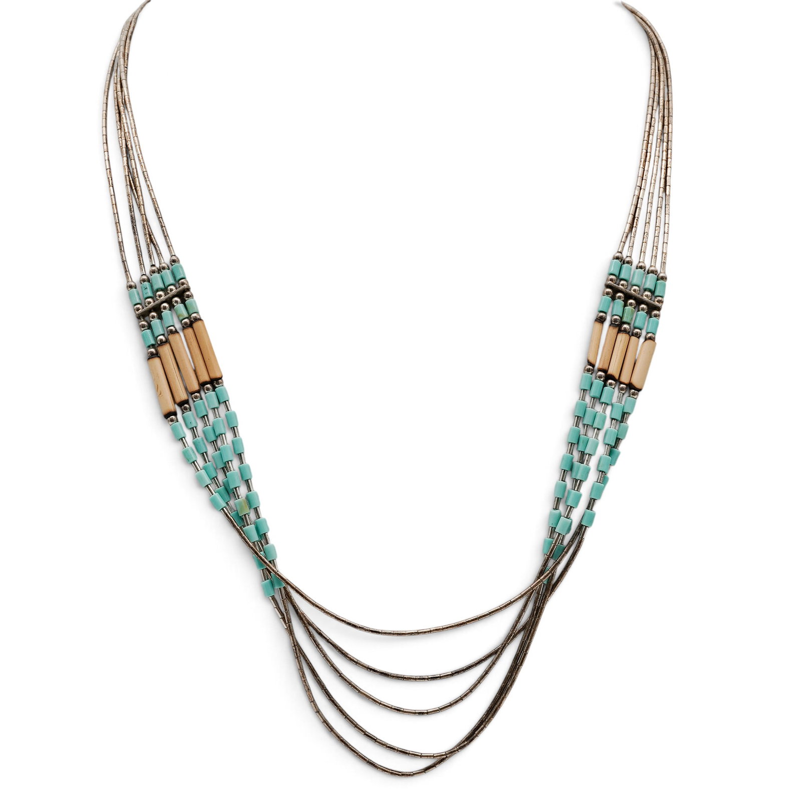 A Navajo Sterling Silver, Turquoise, And Bone Liquid Silver Multi-strand Necklace: A Navajo sterling silver, turquoise, and bone liquid silver multi-strand necklace Late 20th century Stamped: Sterling. A multi-strand liquid silver necklace with turquoise heishi bead sections and bon