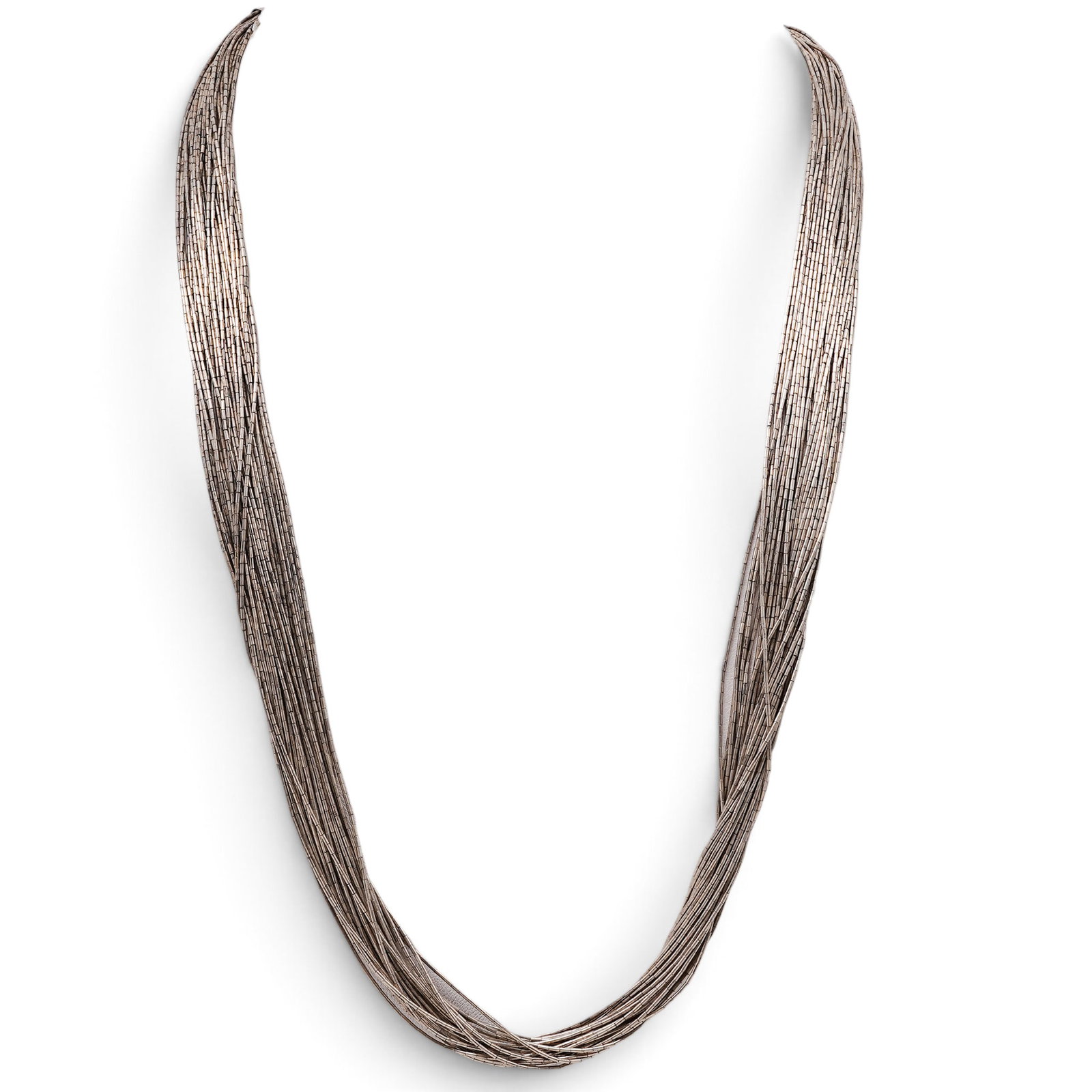 A Navajo Sterling Silver Liquid Silver Multi-strand Necklace: A Navajo sterling silver liquid silver multi-strand necklace Late 20th century Stamped: Sterling. A necklace composed of numerous strands of fine liquid silver tube beads gathered into tapered end cap