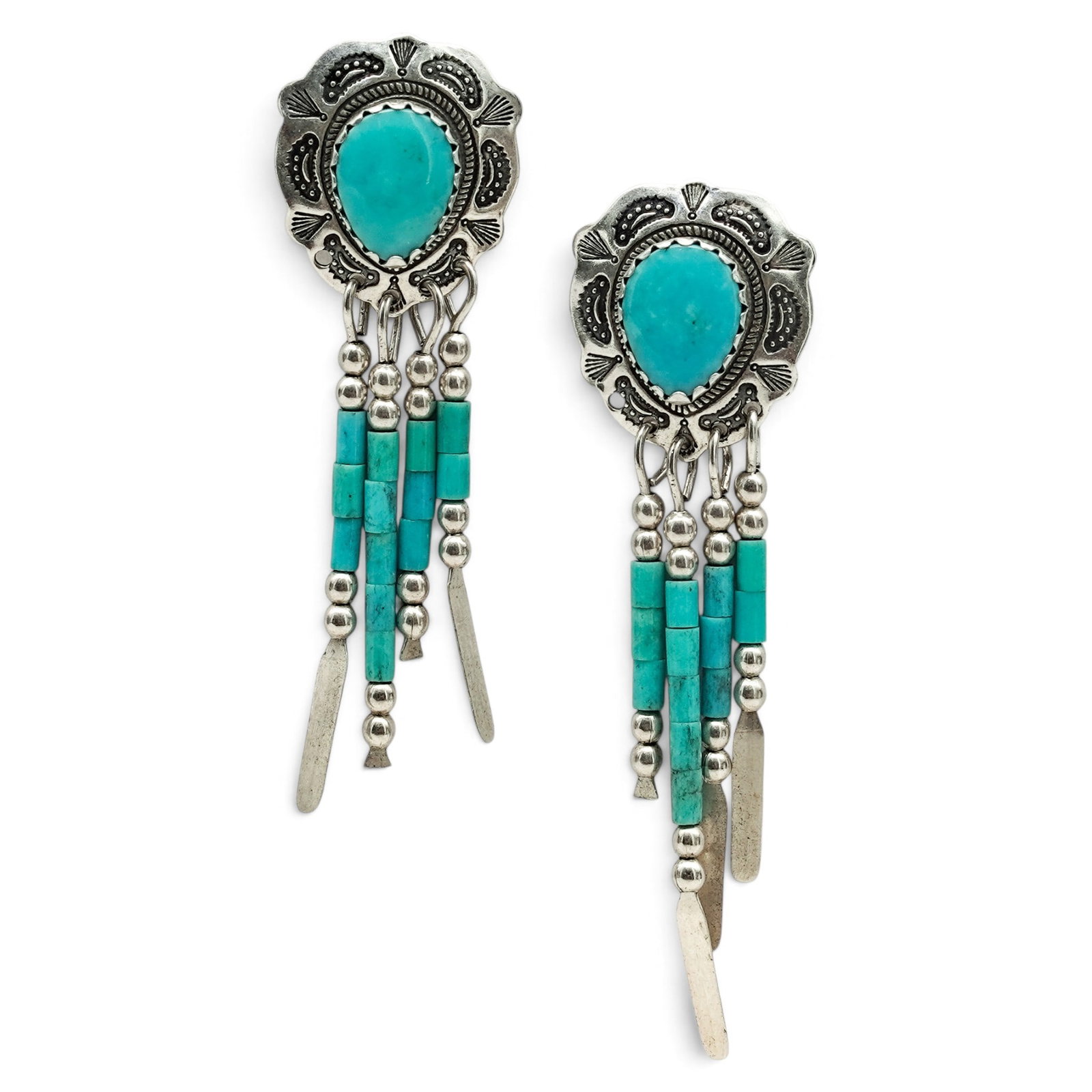 A Pair Of Quoc Turquoise Inc. Sterling Silver And Turquoise Fringe Earrings: A pair of Quoc Turquoise Inc. sterling silver and turquoise fringe earrings Late 20th century Quoc Turquoise Inc. Stamped: Q.T. / (C) / .925 Each scalloped post earring is set with an oval turquoise c