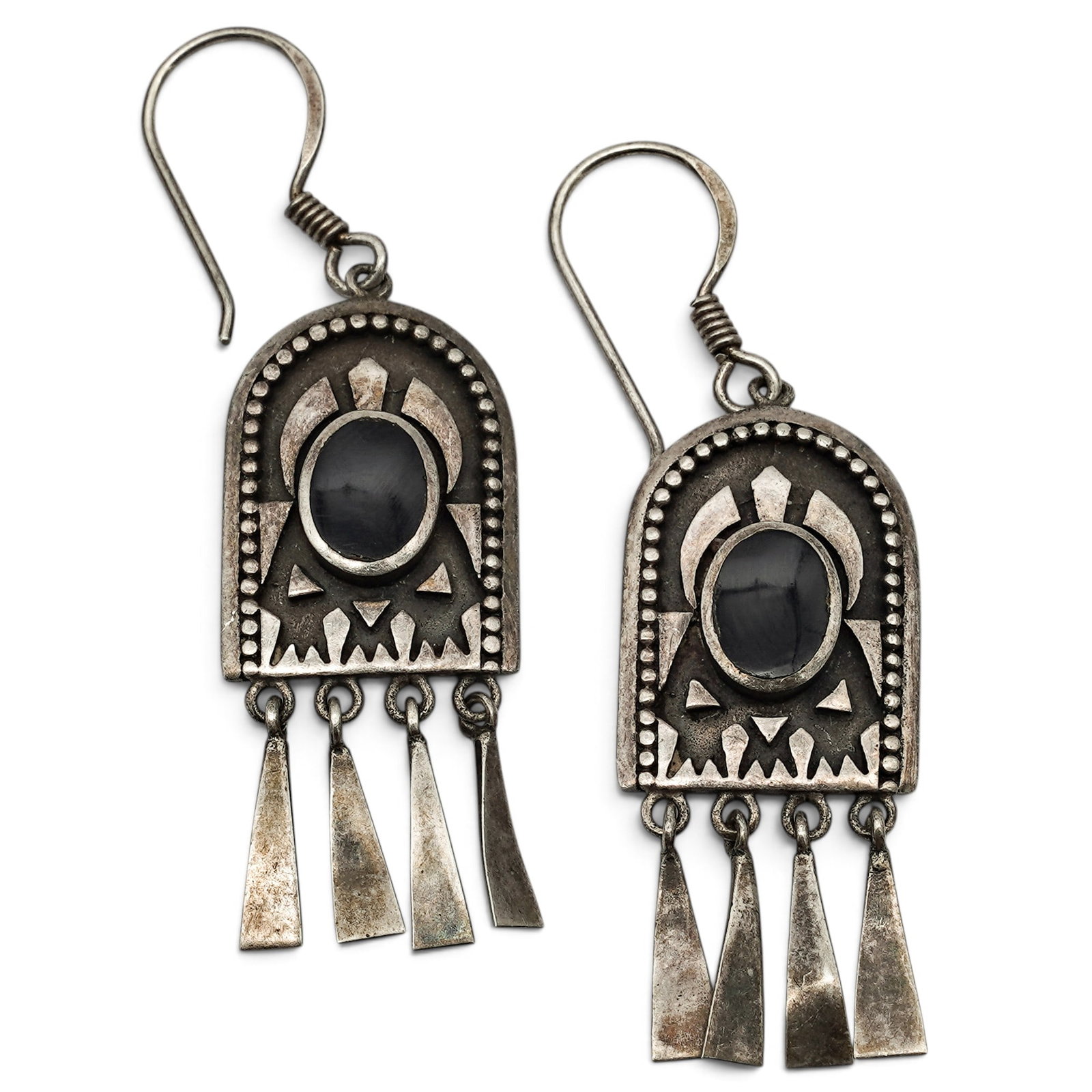 A Pair Of Boma Sterling Silver And Black Onyx Geometric Fringe Dangle Earrings: A pair of Boma sterling silver and black onyx geometric fringe dangle earrings Late 20th Century Stamped: Boma / 925. Each with an oval black onyx cabochon in a serrated bezel within a geometric frame