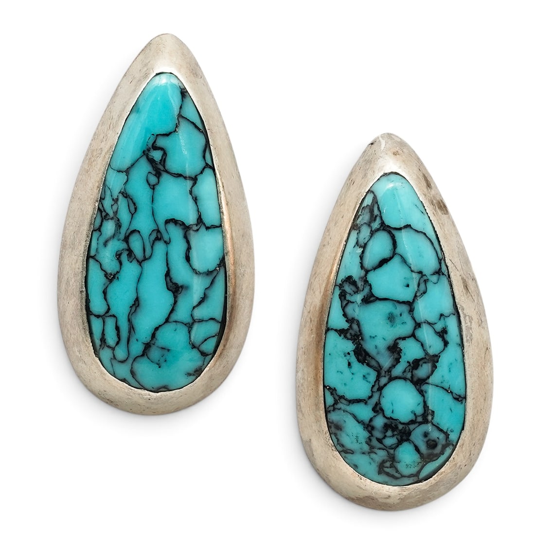 A Pair Of Mexican Sterling Silver And Turquoise Earrings: A pair of Mexican sterling silver and turquoise earrings Late 20th century, Mexican Stamped: TD-37 / Hecho en Mexico / 925 Each asymmetrical teardrop-form earring is set with a large turquoise cabocho
