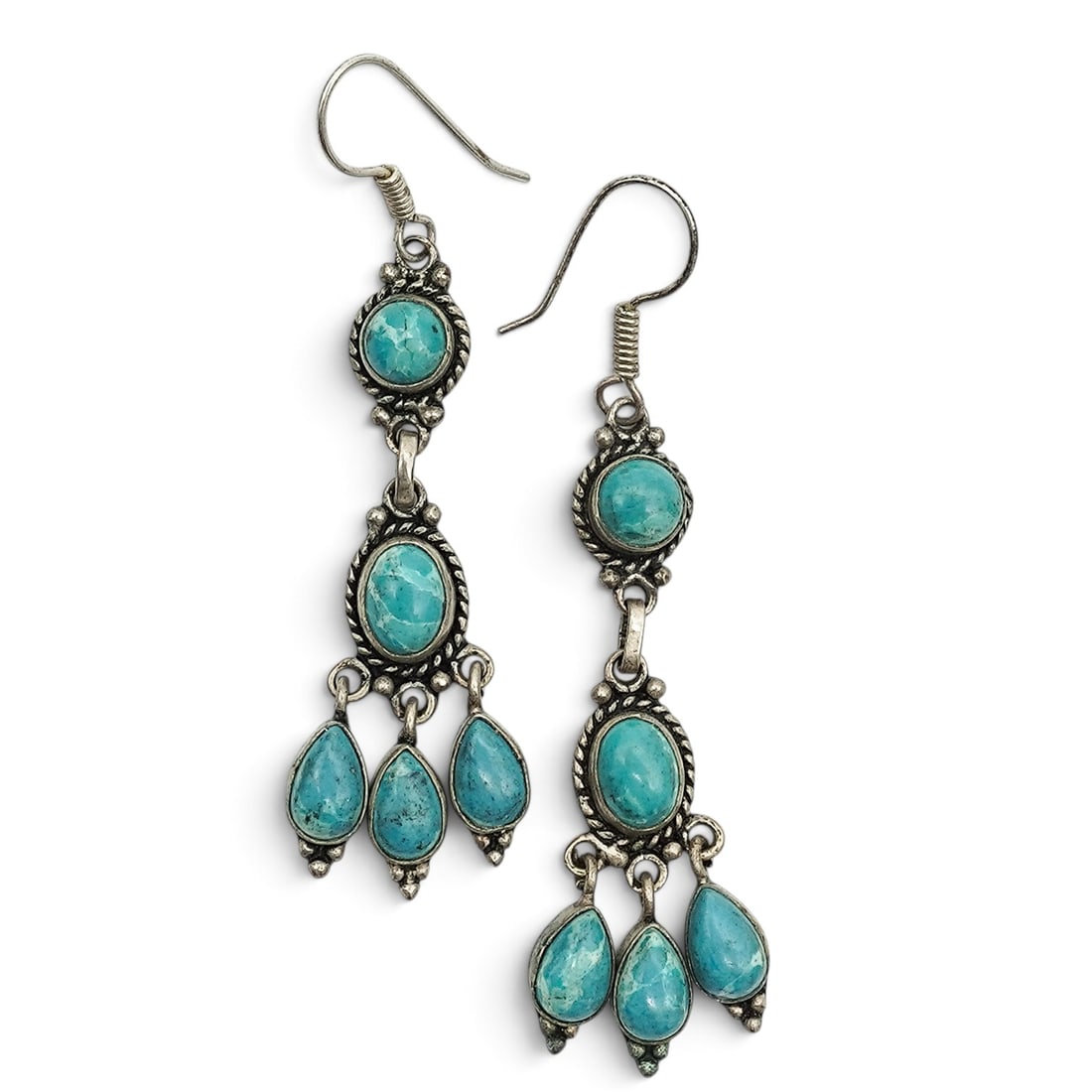 A Pair Of Navajo Sterling Silver And Turquoise Teardrop Chandelier Earrings (1 of 3)