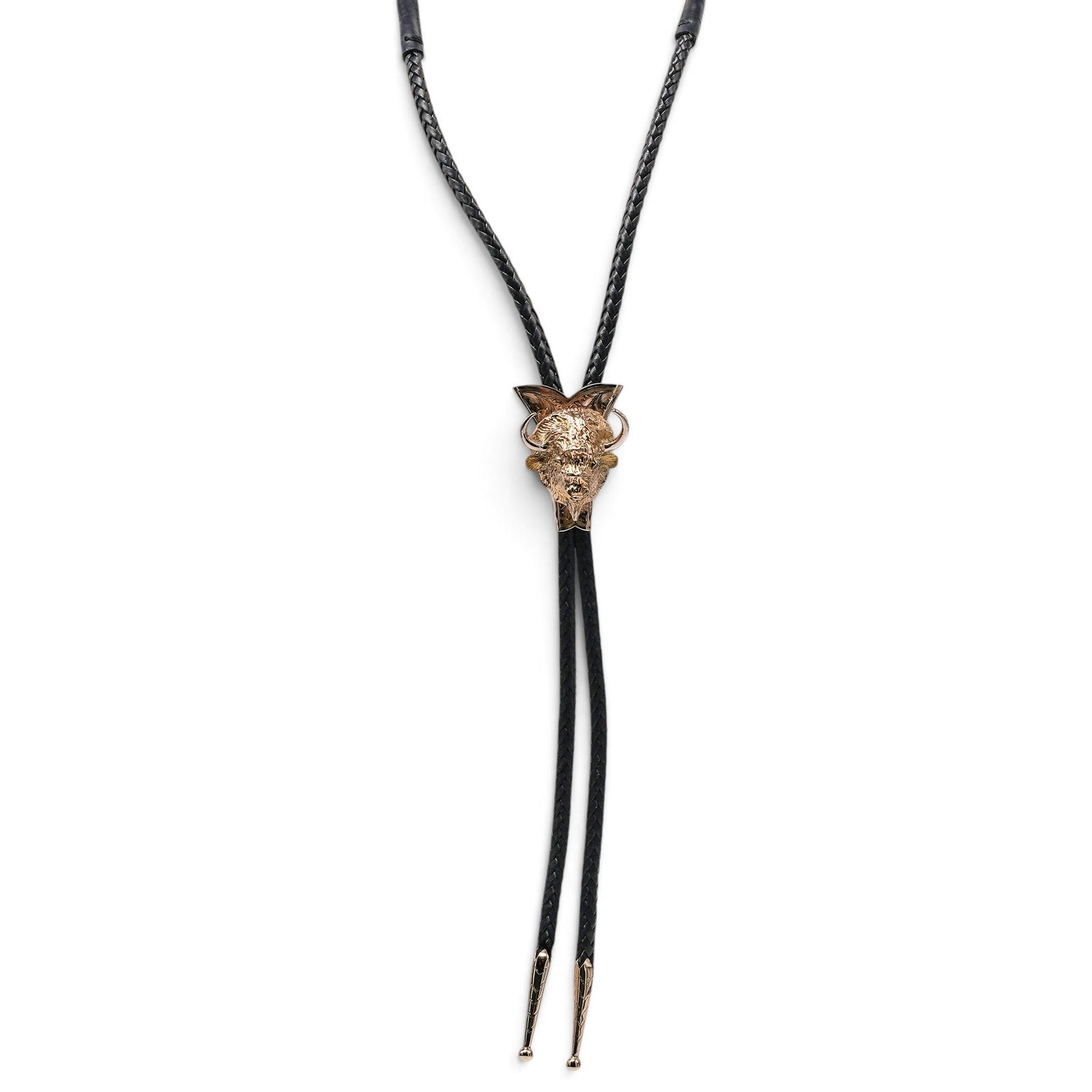 Bohlin Made 22K, 14K, & 12K Gold Buffalo Bolo Tie: Bohlin Made 22K, 14K, & 12K Gold Buffalo Bolo Tie Late 20th Century Stamped: Bohlinmade / Calif / Hollywood / 22K / 12K / 14K A black braided leather bolo tie with engraved gold-tone tips and a sculpt